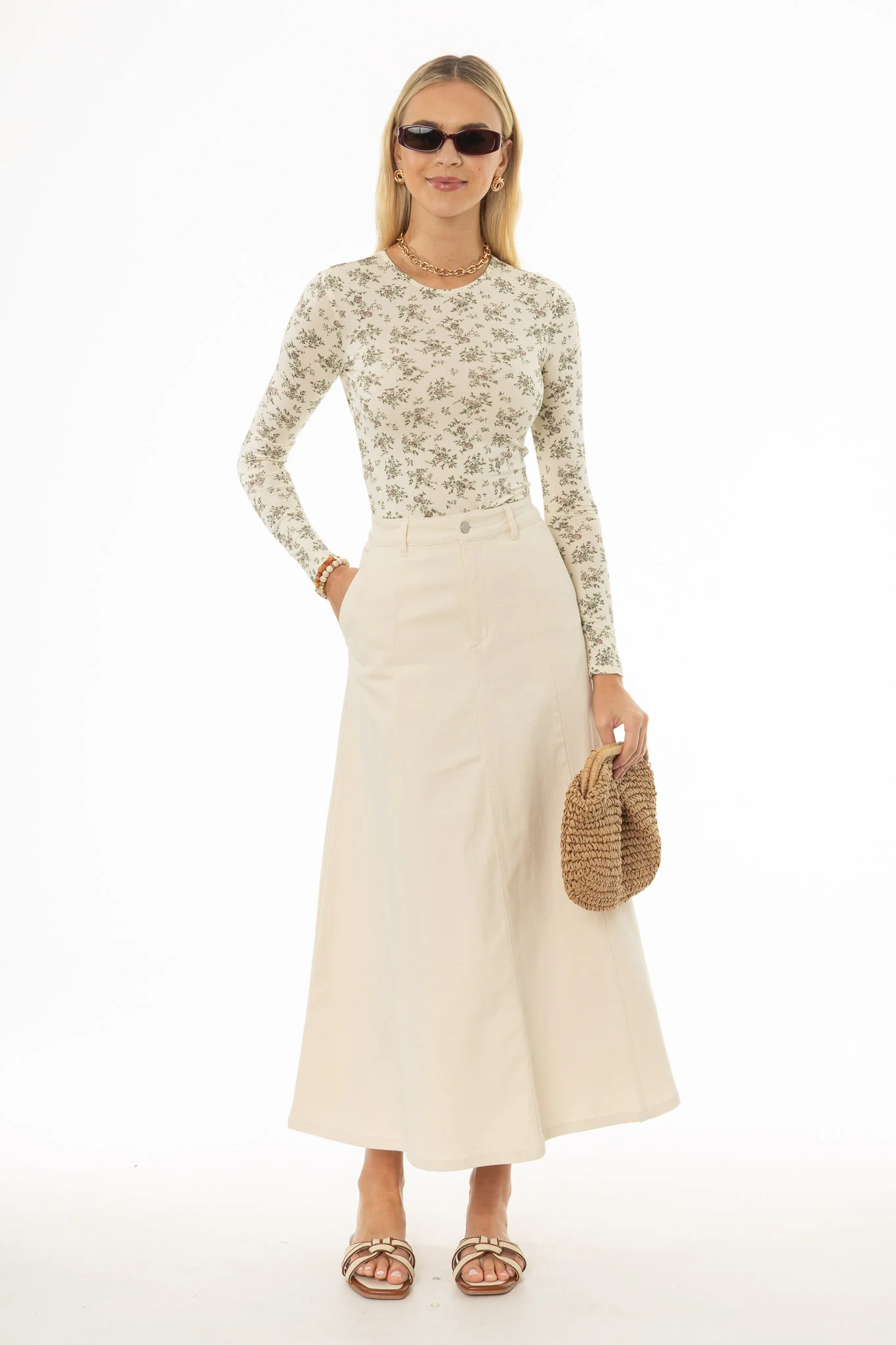 Cream Panel Flare Maxi Skirt - Image 5