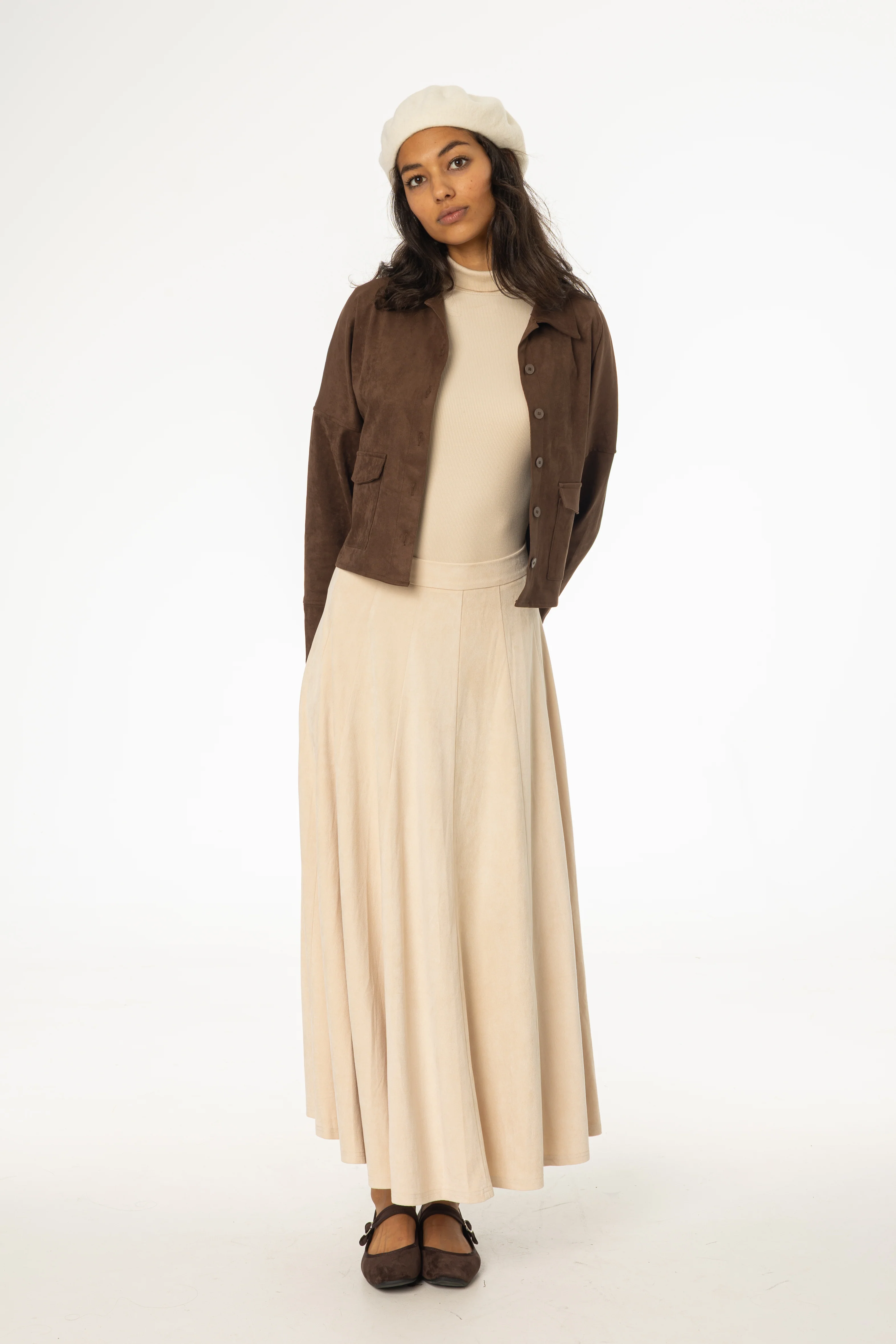 Cream Paneled Microsuede Skirt
