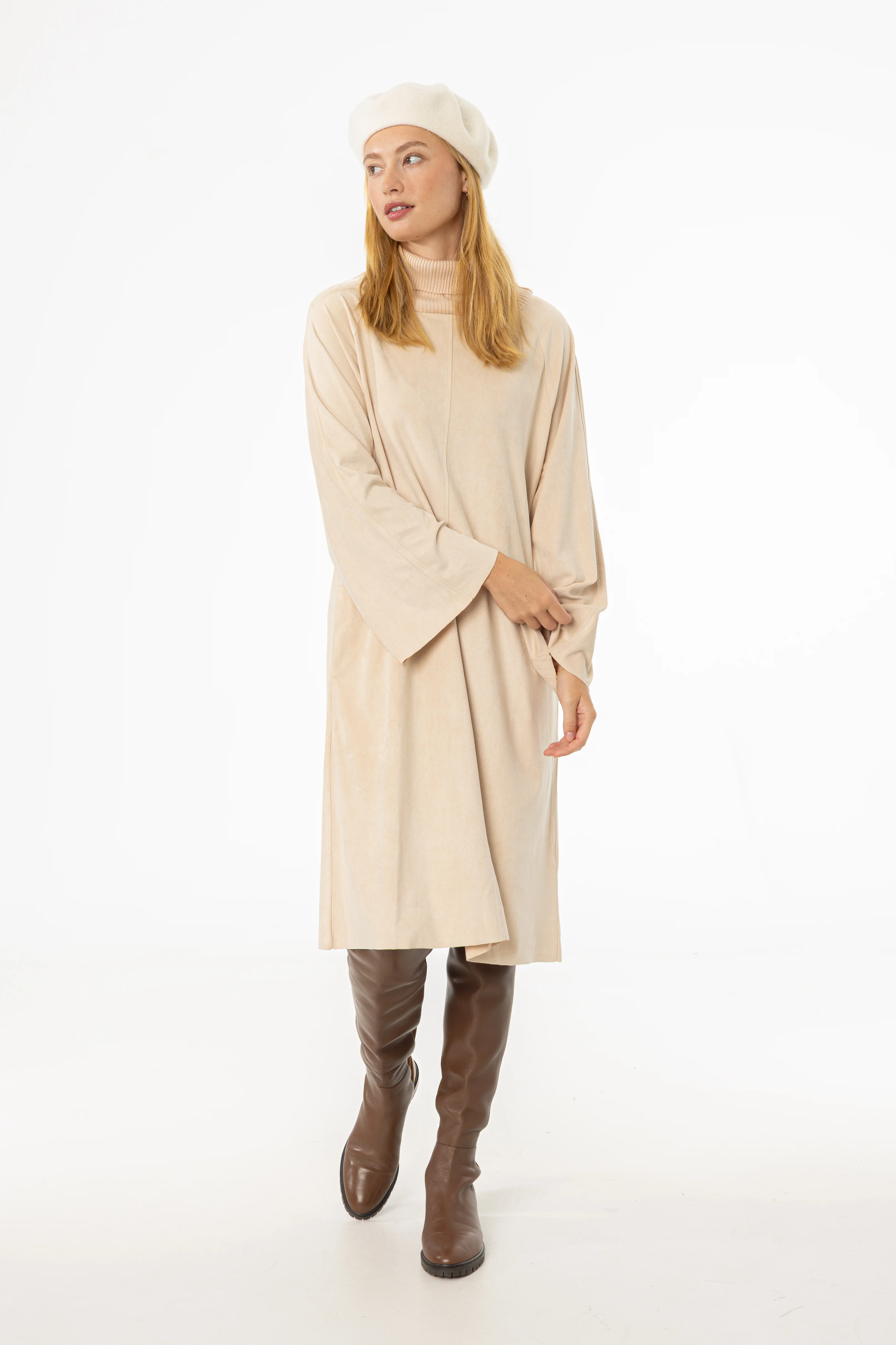 Cream Ribbed Turtleneck Microsuede Dress