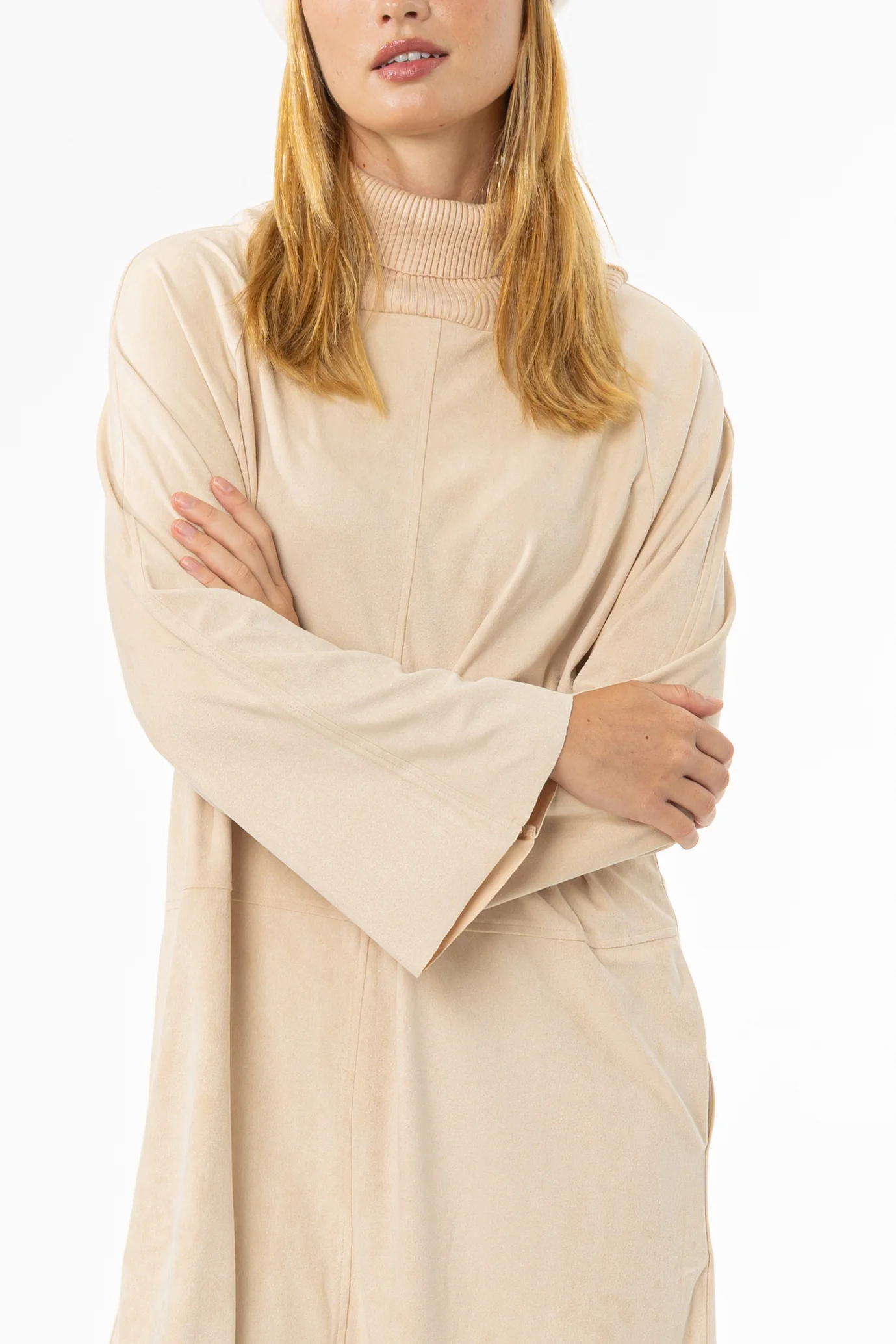 Cream Ribbed Turtleneck Microsuede Dress - Image 2