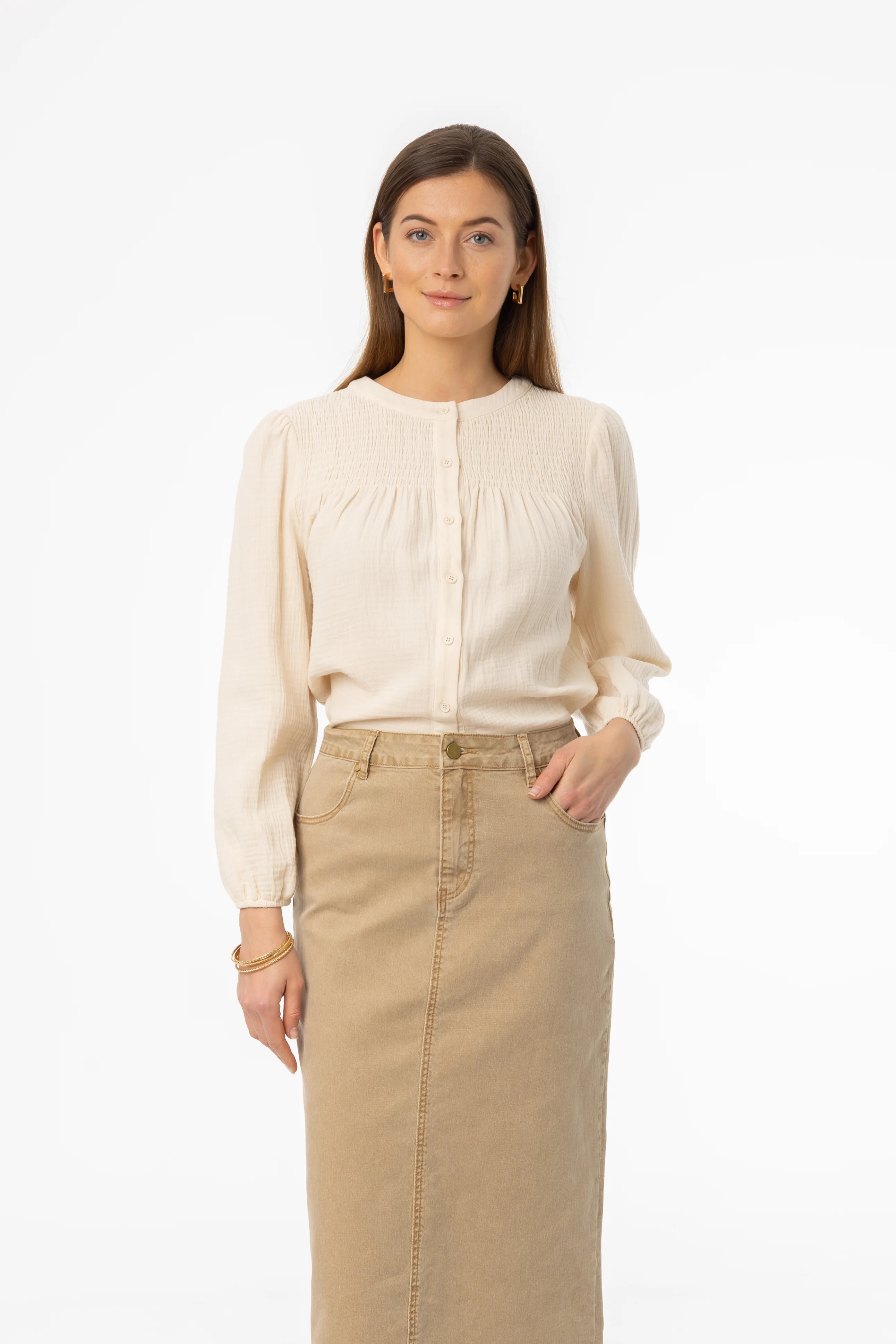 Cream Smocked Gauze Blouse