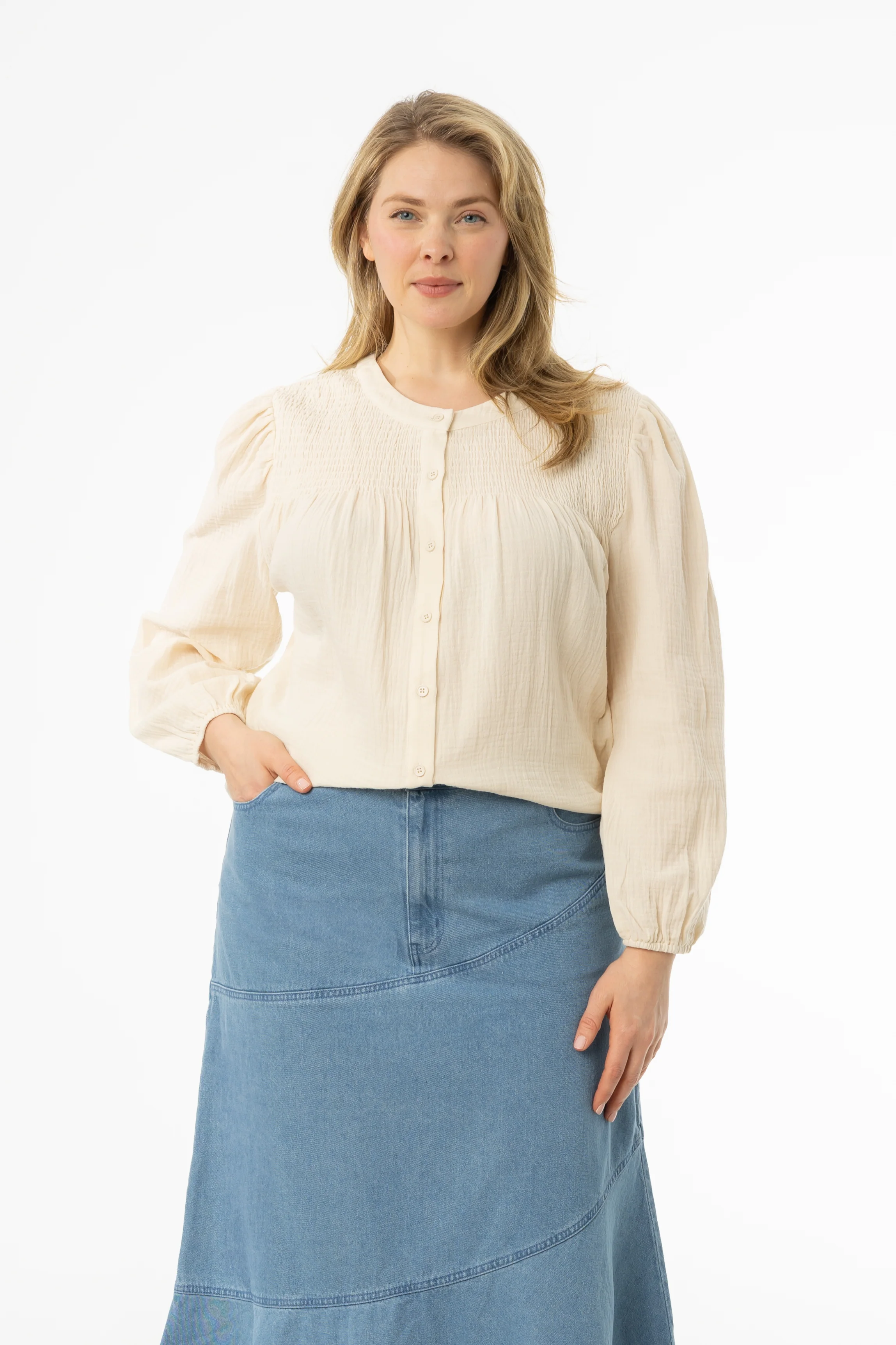 Cream Smocked Gauze Blouse - Image 4