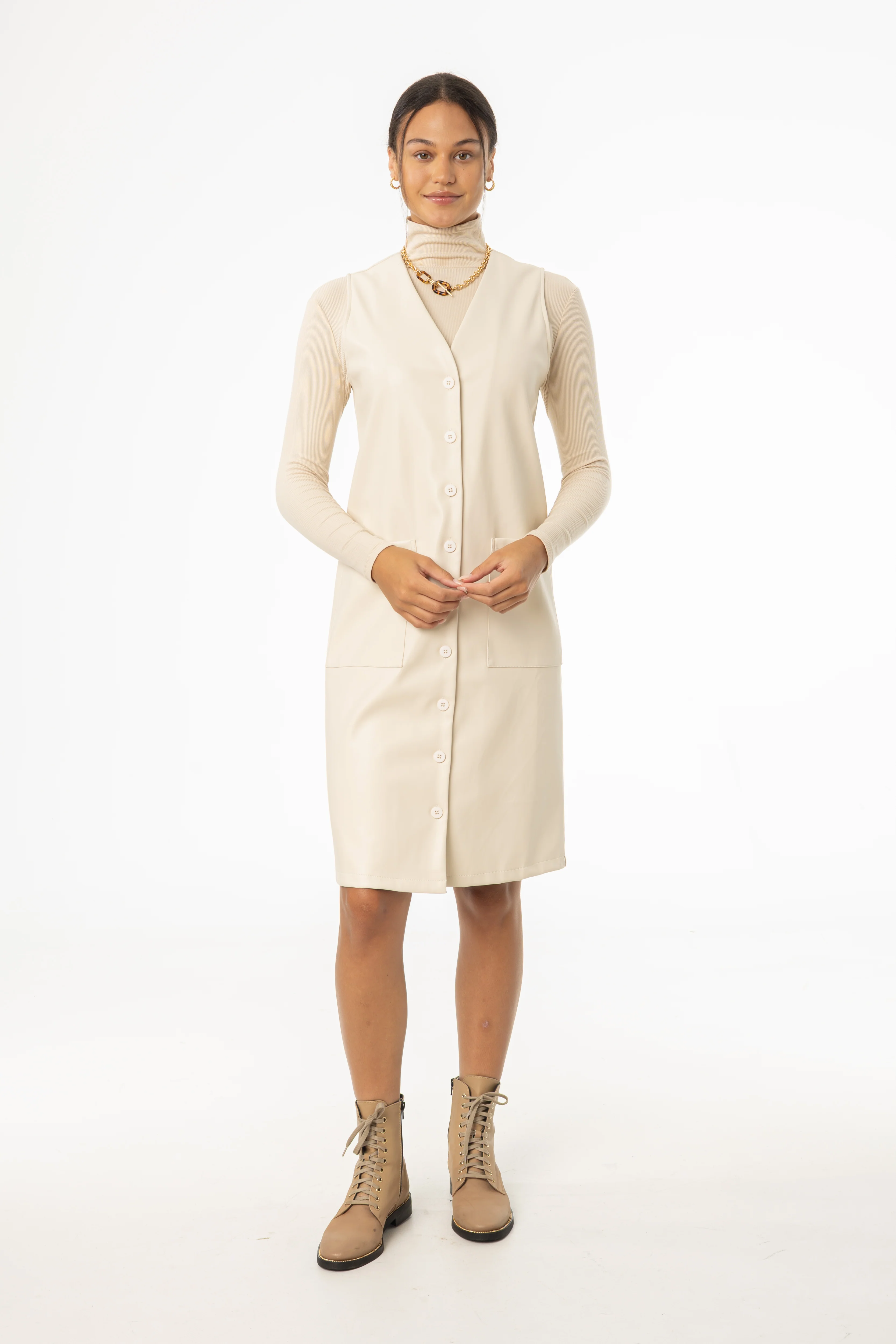 Cream Vegan Leather Vest Dress - Image 4