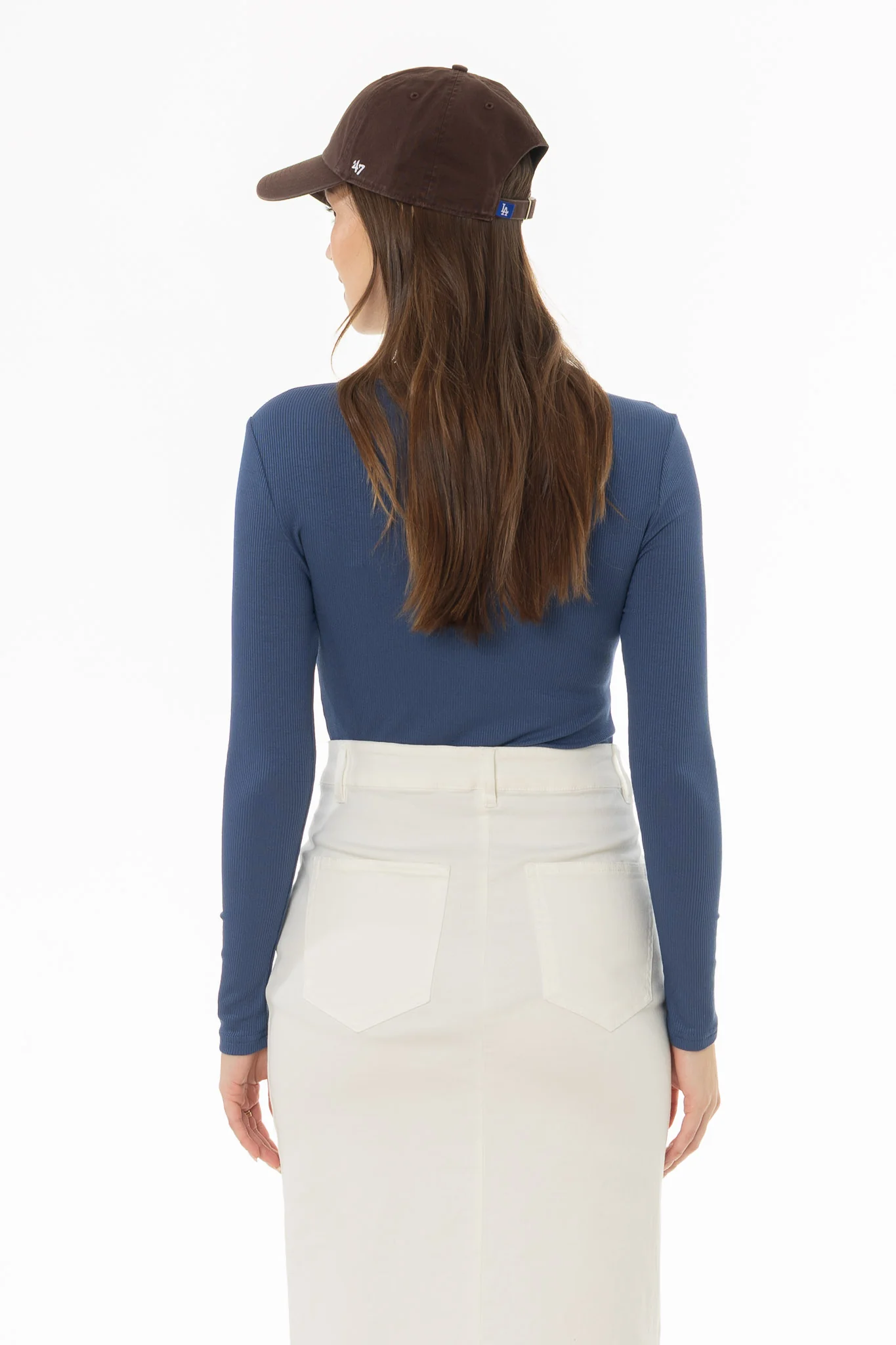 Denim Blue Ribbed V-Neck Long Sleeve T-Shirt - Image 4