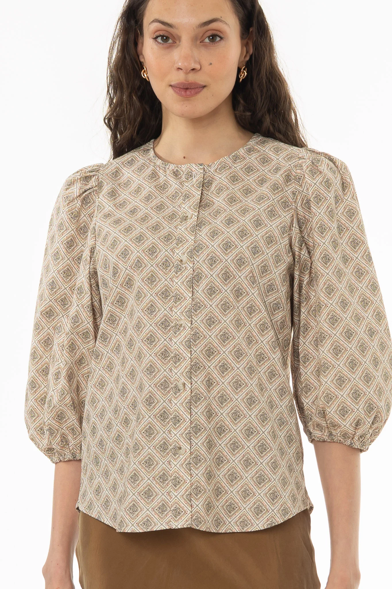 Diamond Print Puff Sleeve Button Down Blouse - Image 2