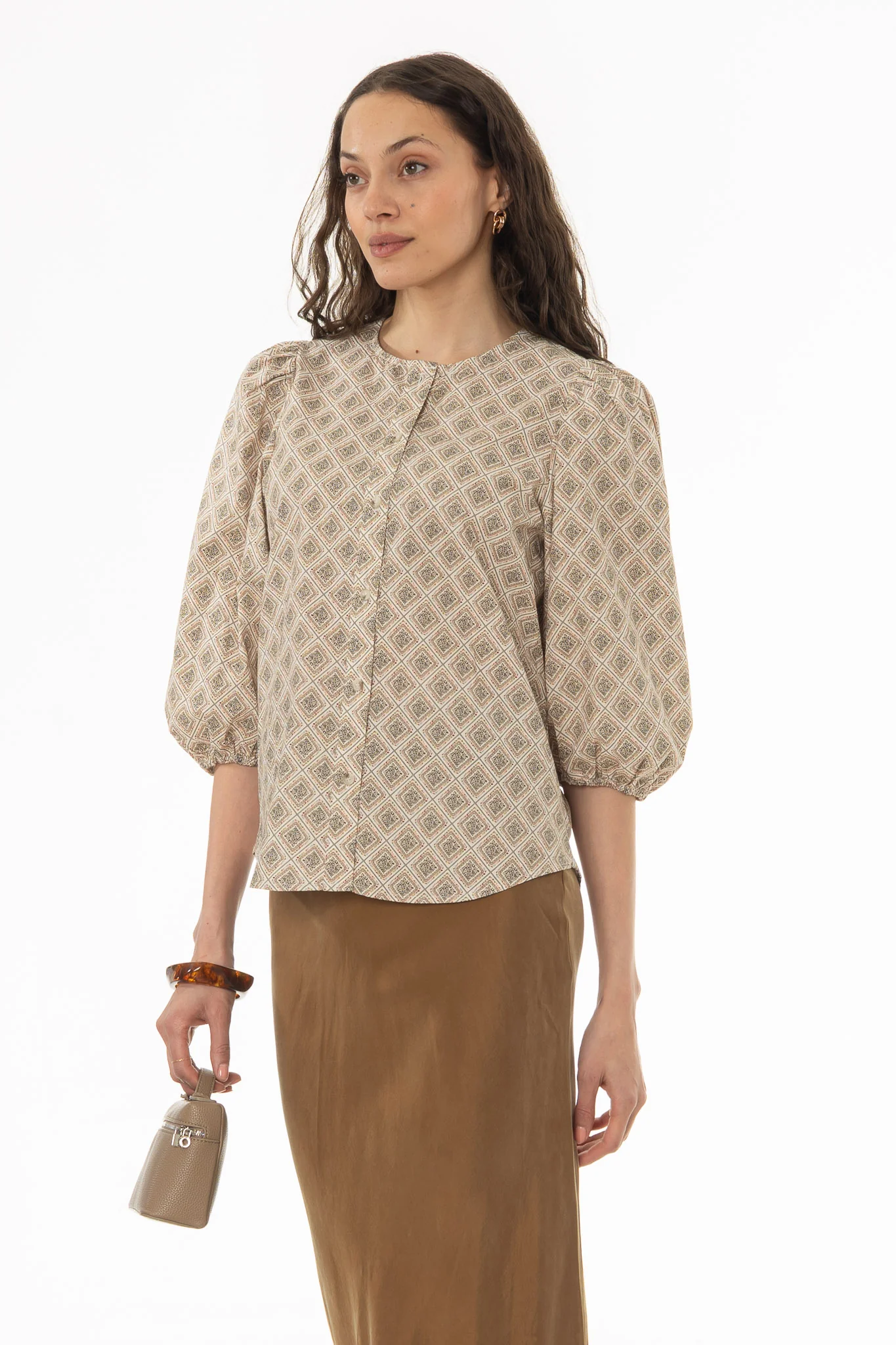 Diamond Print Puff Sleeve Button Down Blouse - Image 3