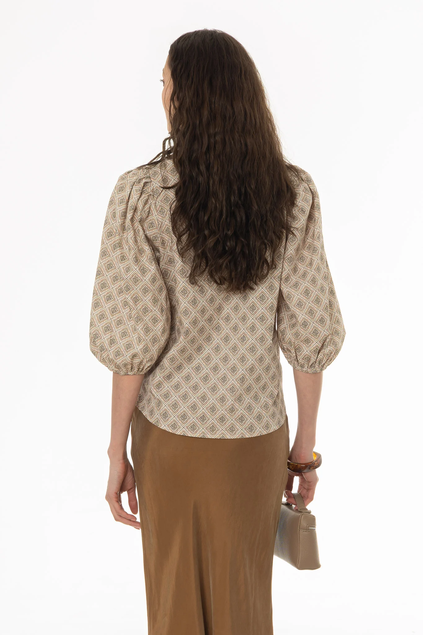 Diamond Print Puff Sleeve Button Down Blouse - Image 4