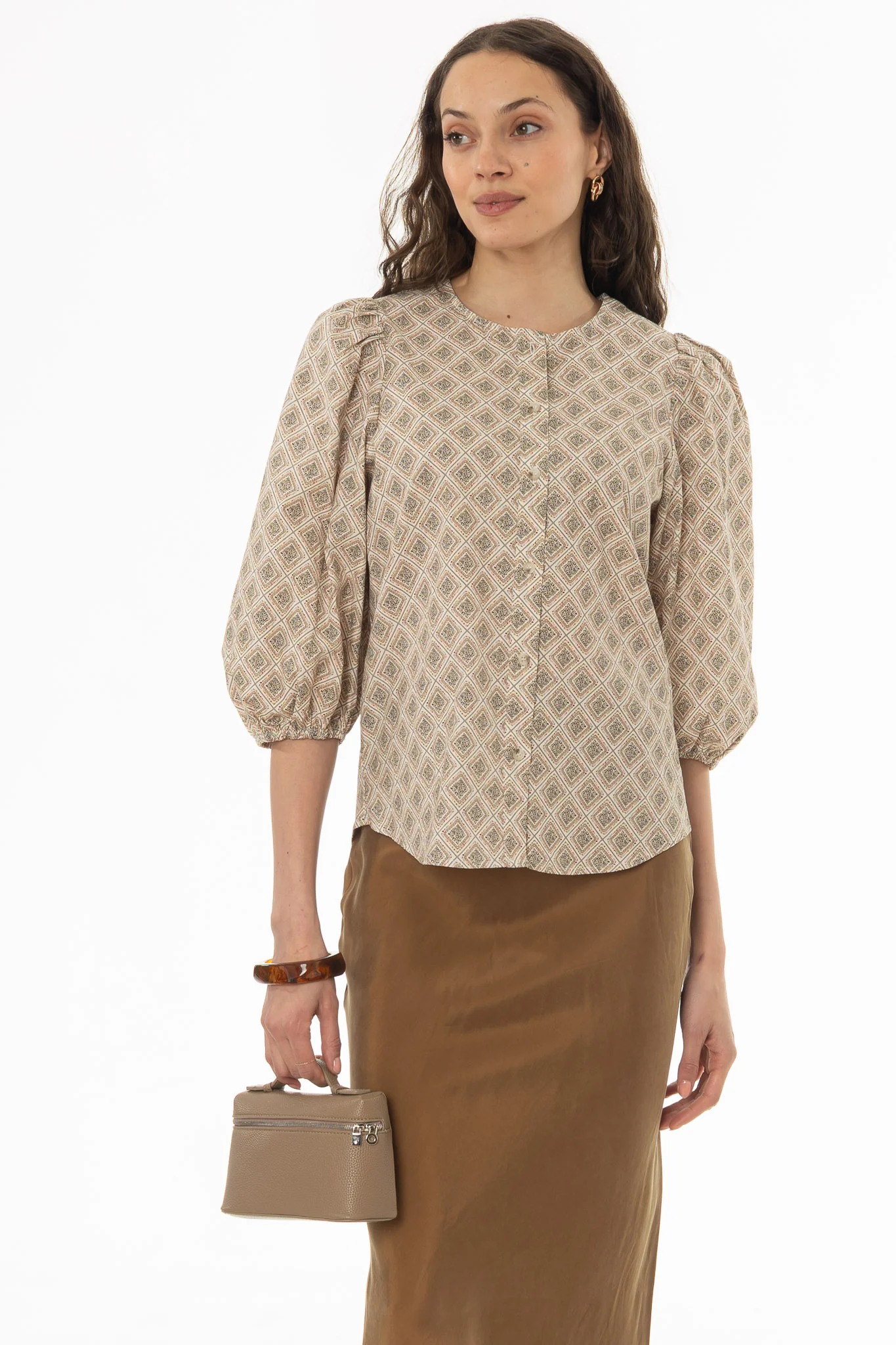 Diamond Print Puff Sleeve Button Down Blouse - Image 5