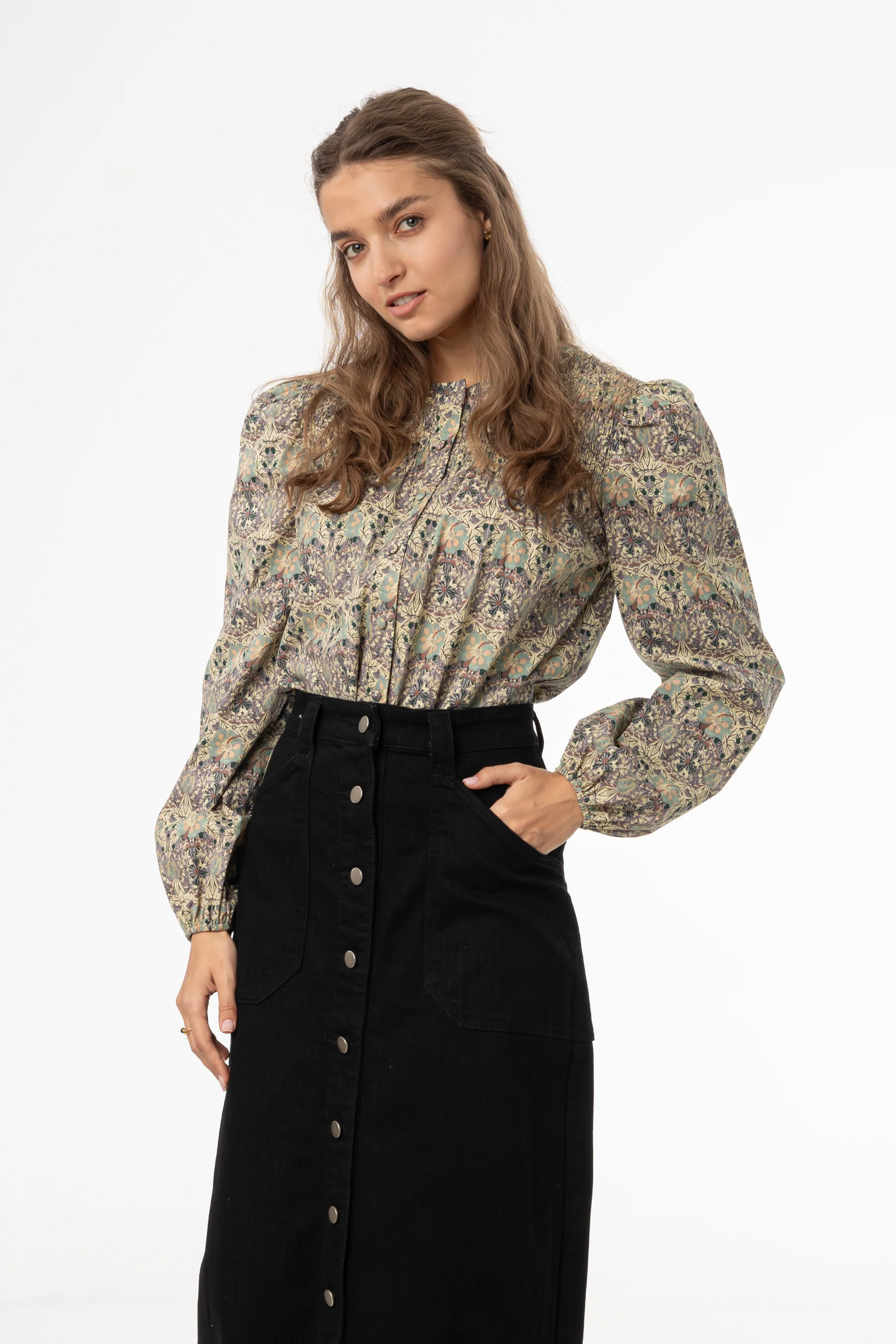 Green and Purple Floral Smocked Blouse