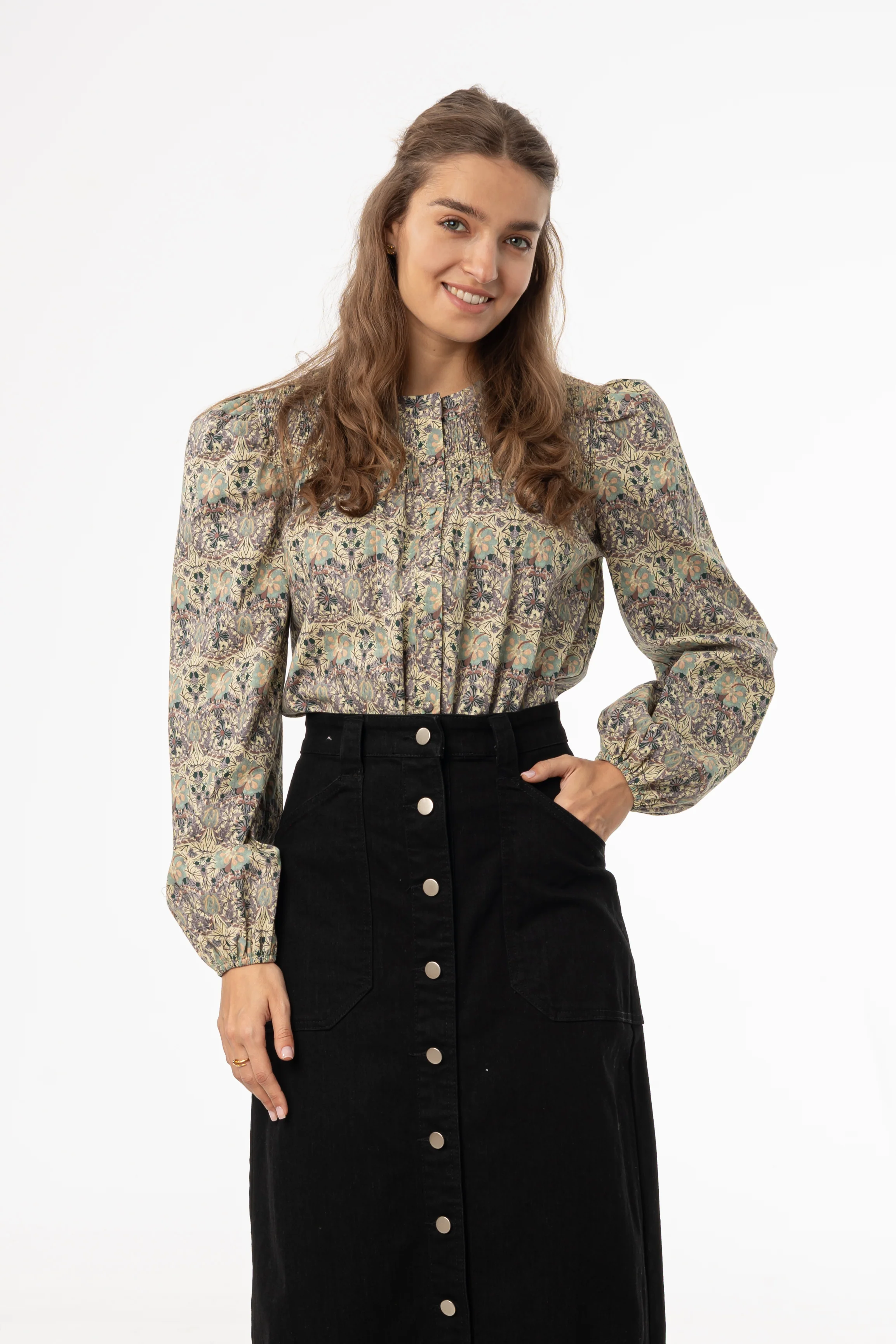 Green and Purple Floral Smocked Blouse - Image 4