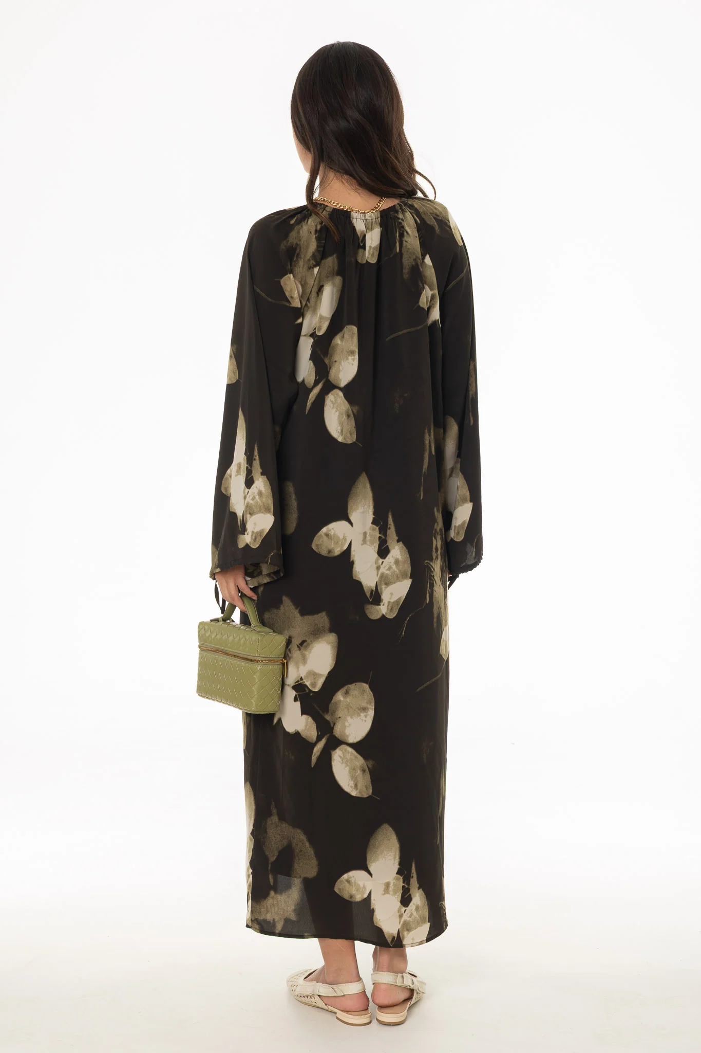 Green Floral Drawstring Sleeve Maxi Dress - Image 4