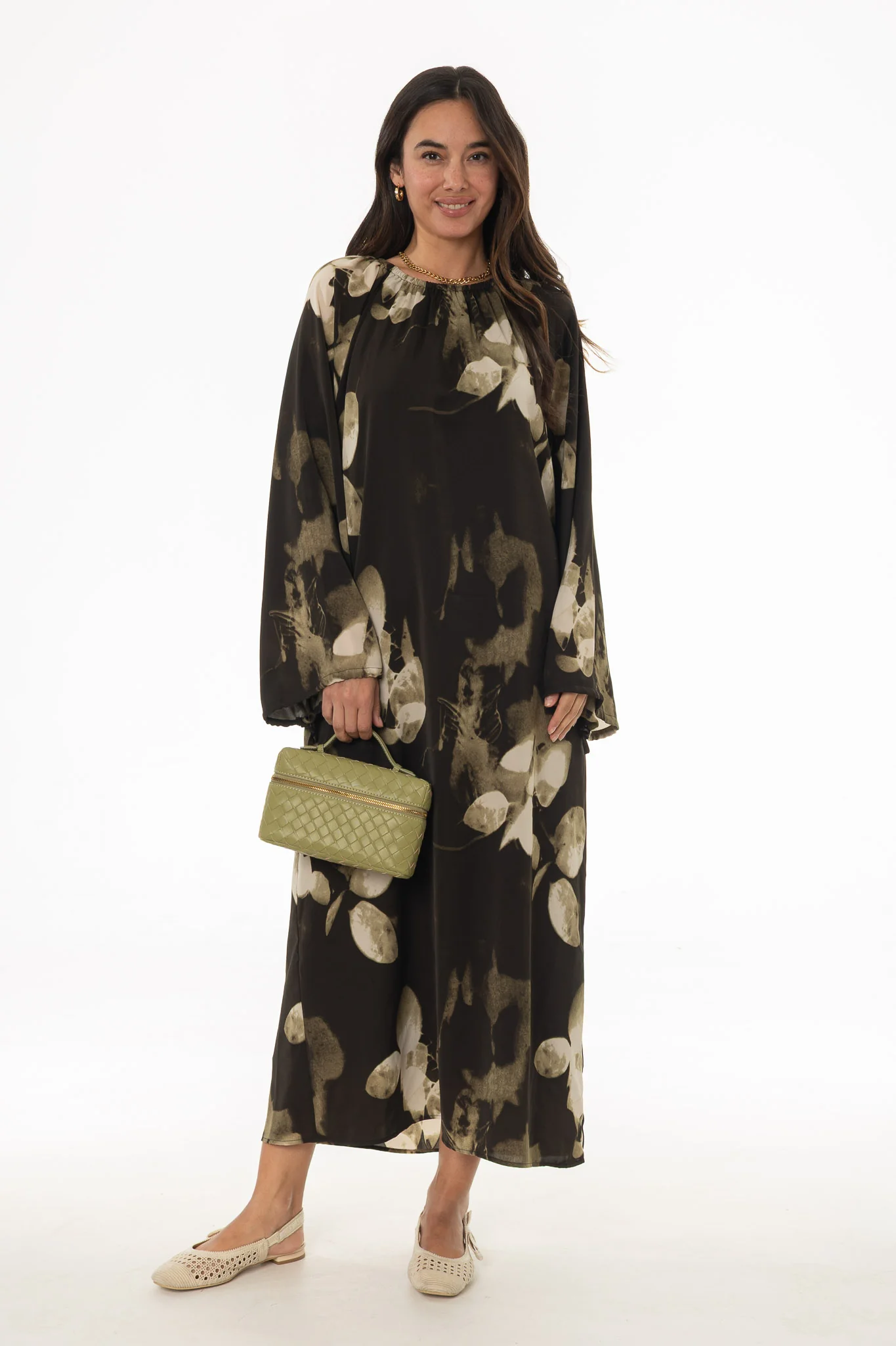Green Floral Drawstring Sleeve Maxi Dress - Image 5