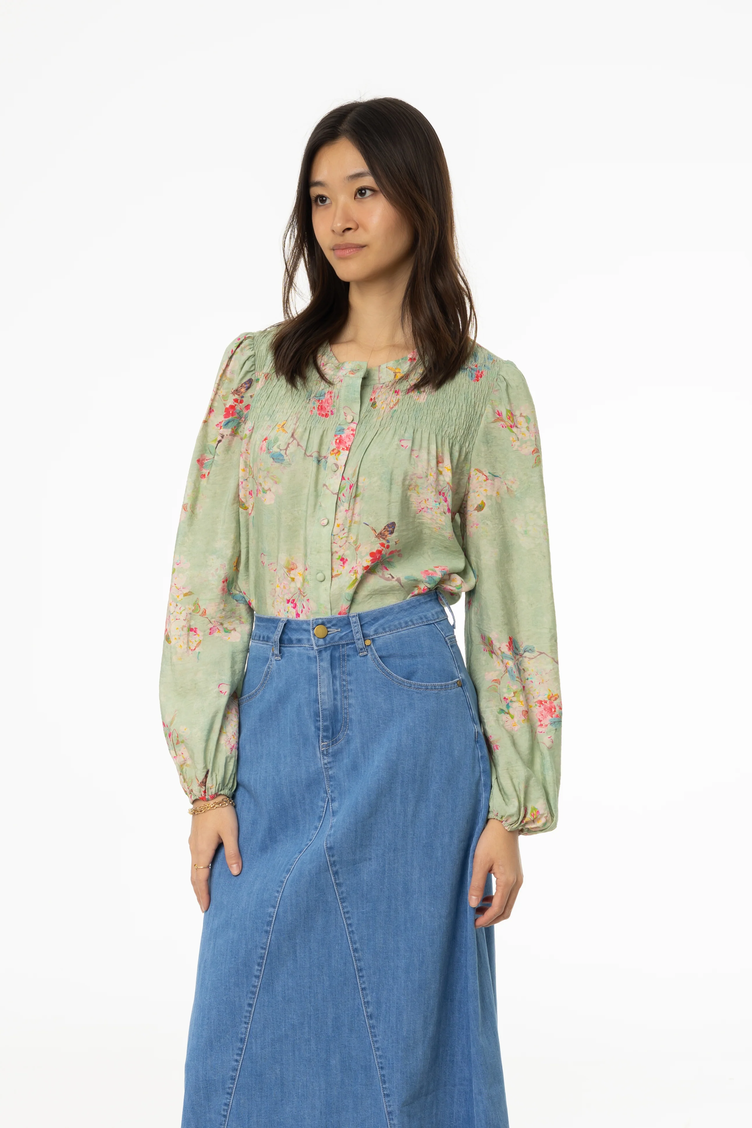 Green Floral Smocked Printed Blouse - Image 2
