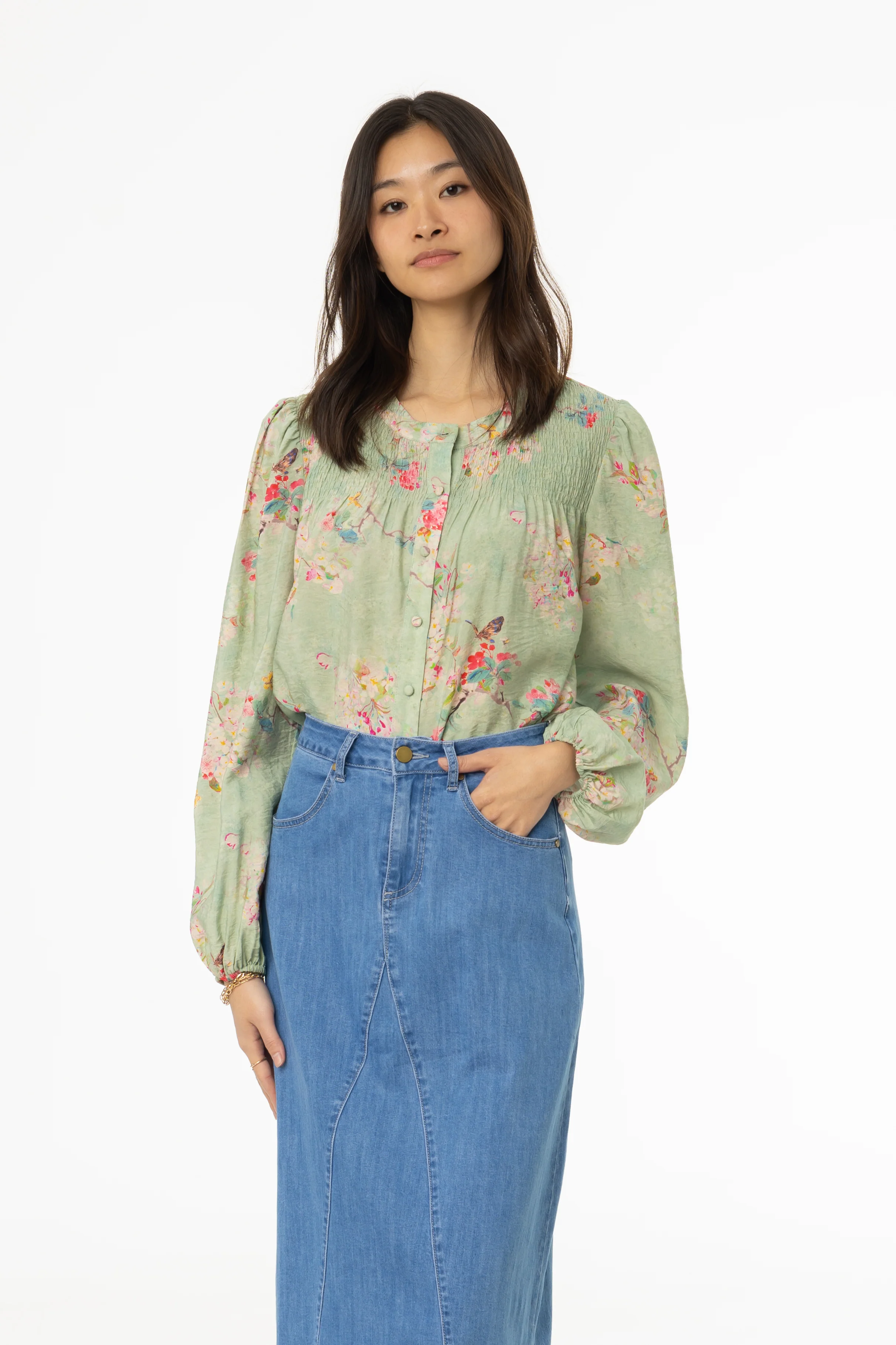 Green Floral Smocked Printed Blouse - Image 4