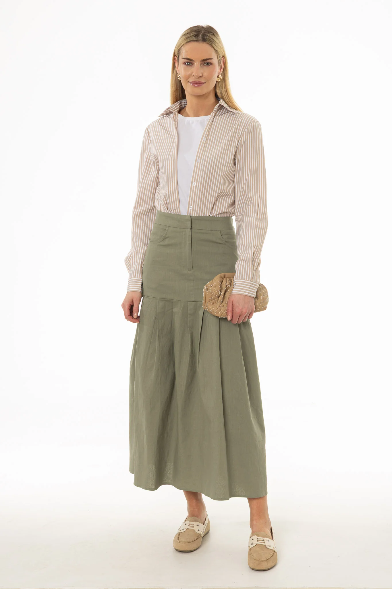 Green Linen Feel Pleated Stretch Maxi Skirt
