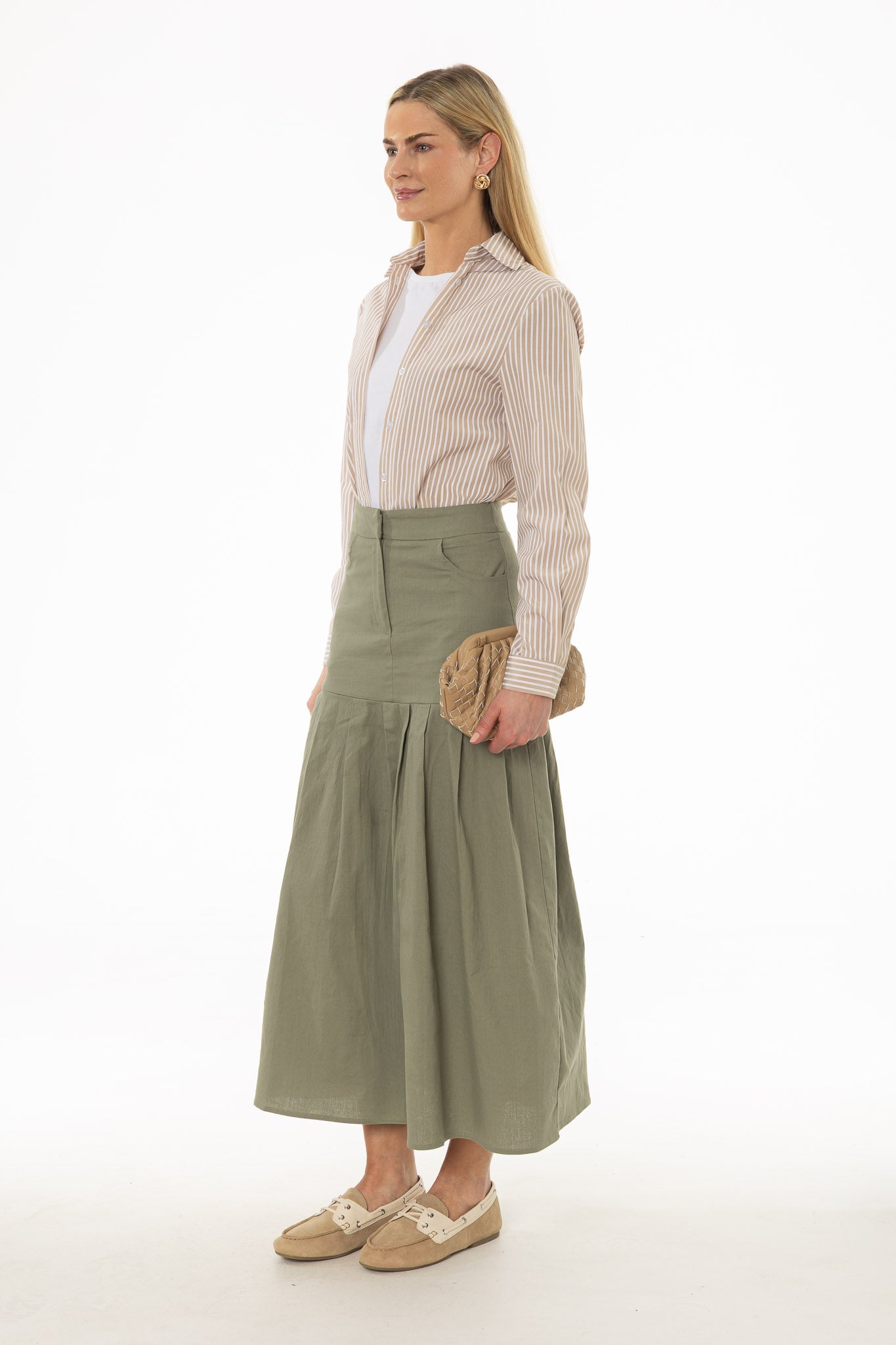 Green Linen Feel Pleated Stretch Maxi Skirt - Image 3