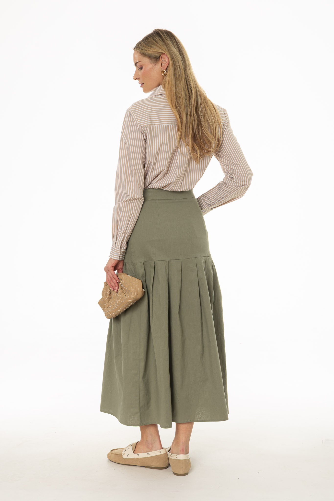 Green Linen Feel Pleated Stretch Maxi Skirt - Image 4