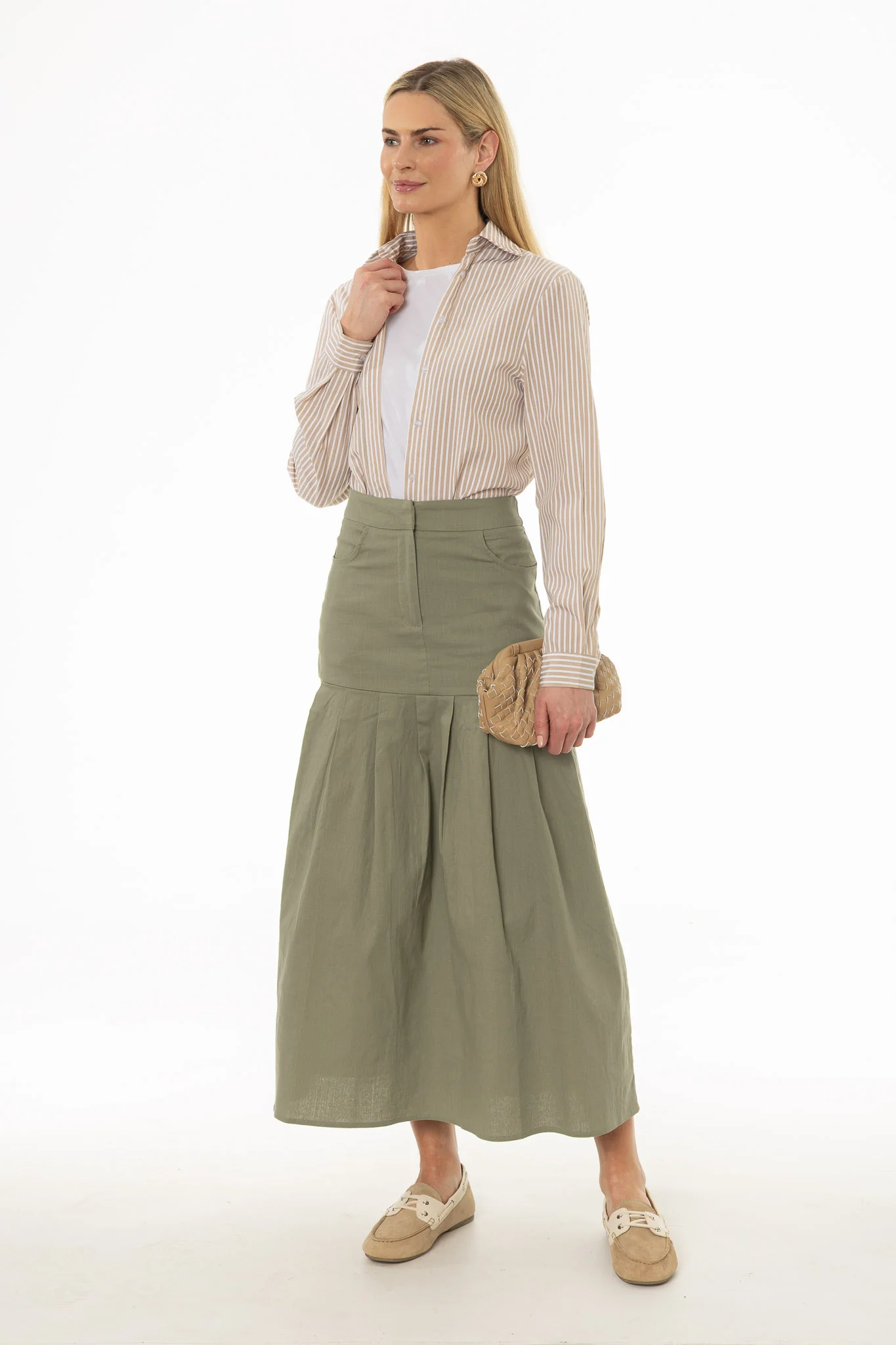 Green Linen Feel Pleated Stretch Maxi Skirt - Image 5