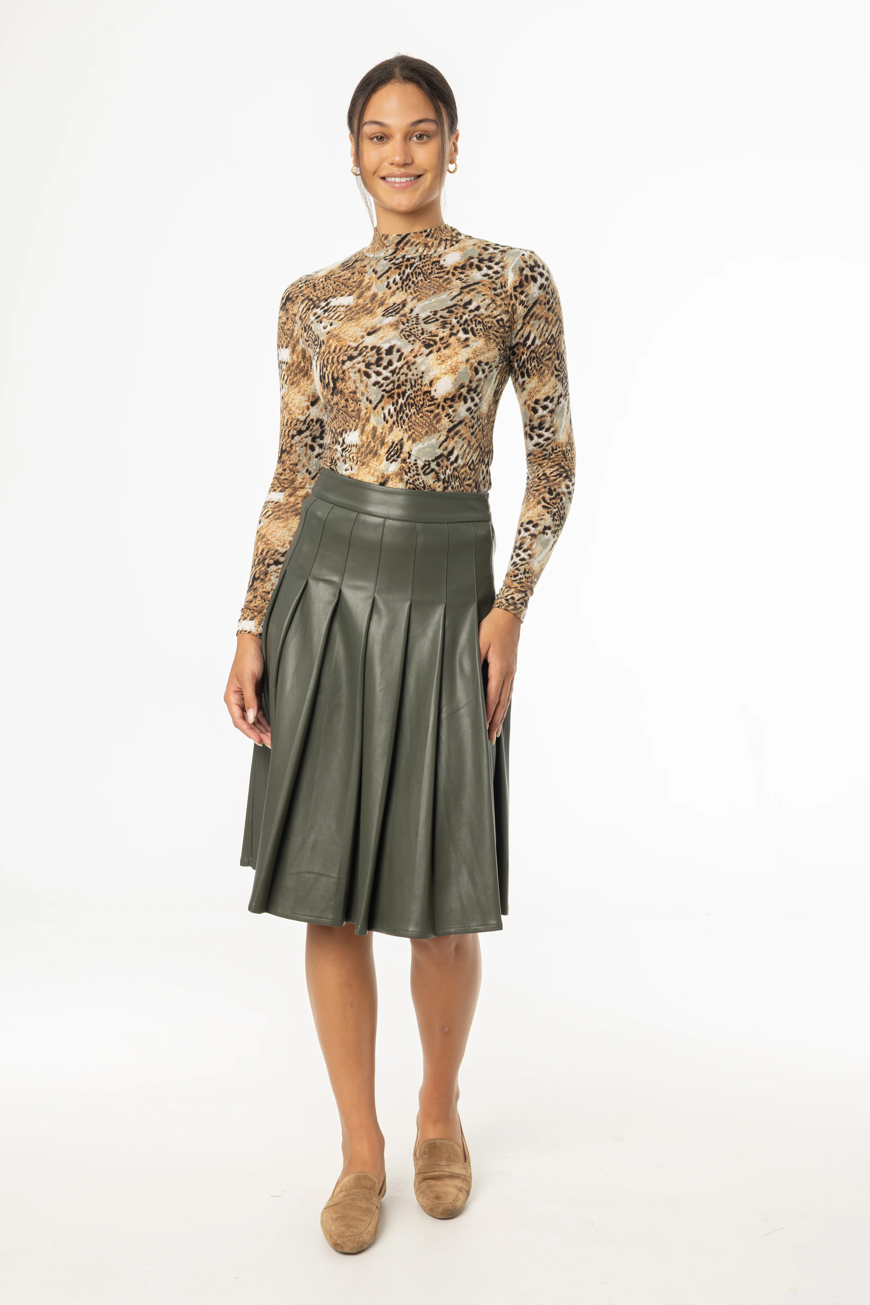 Green Pleated Vegan Leather Skirt