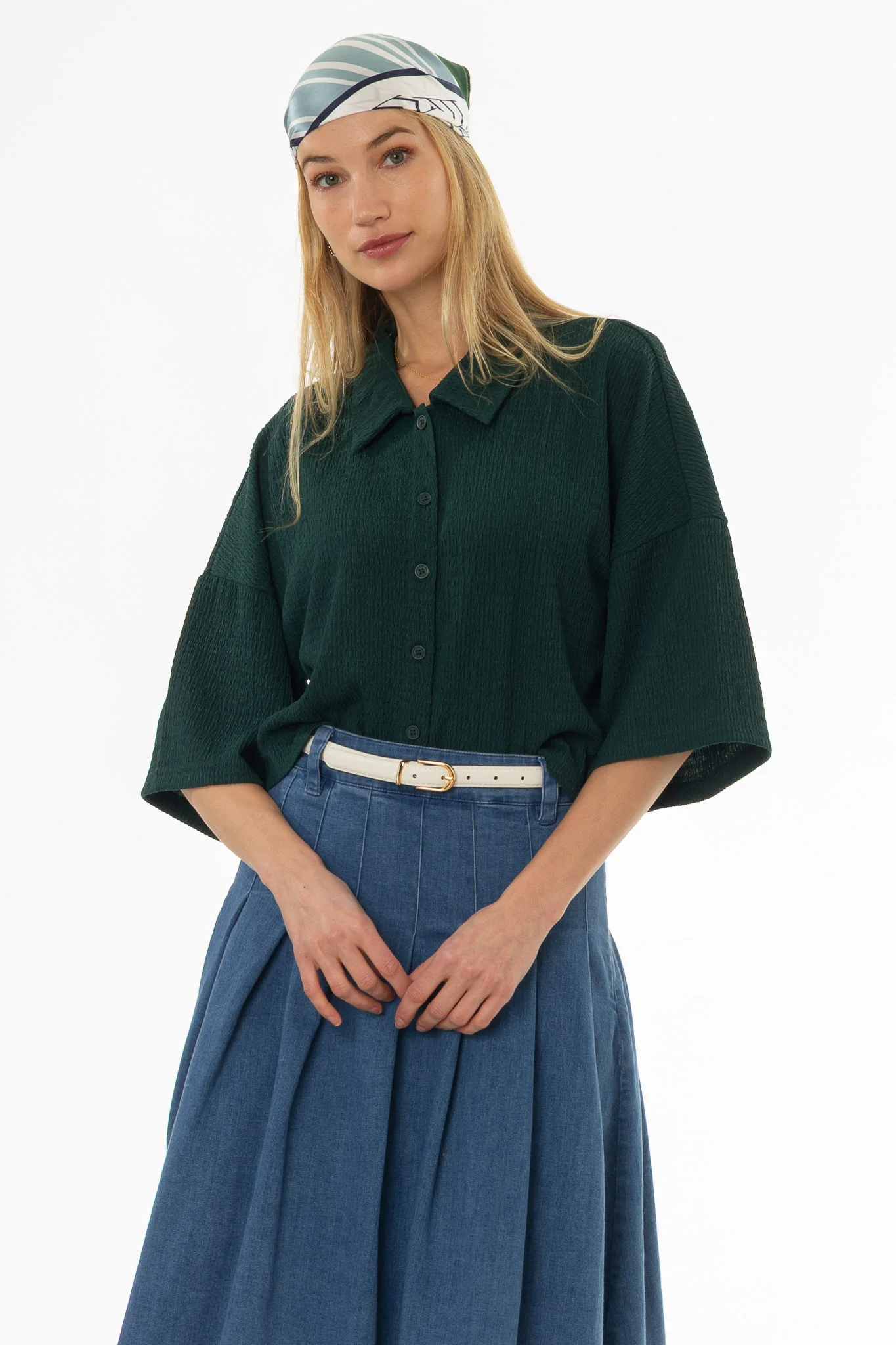 Kelly Green Seersucker Cropped Blouse - Image 5