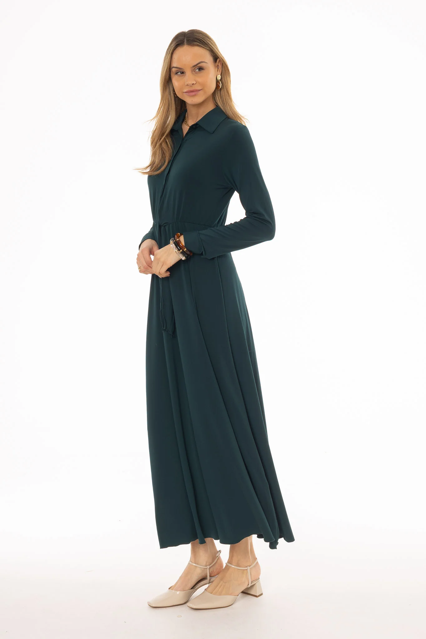 Teal Slinky Button Tie Maxi Dress - Image 3