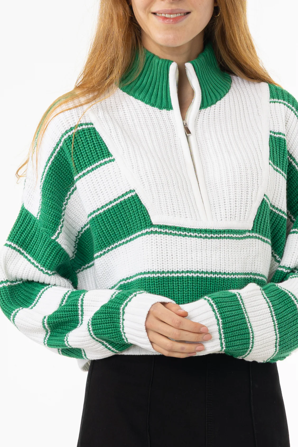Green Striped Quarter Zip Sweater Top - Image 2