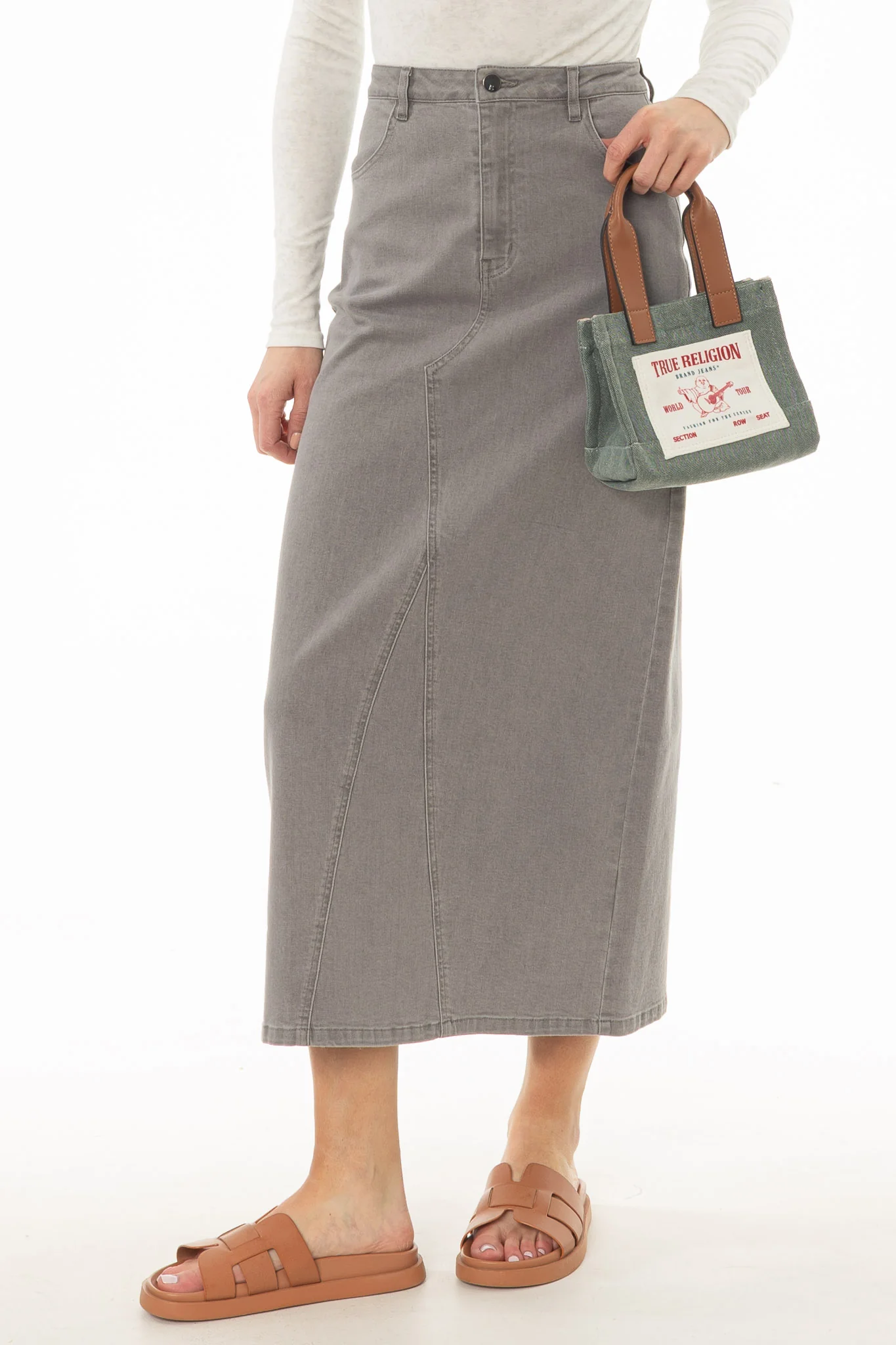 Grey Basic Detail Denim Skirt - Image 2