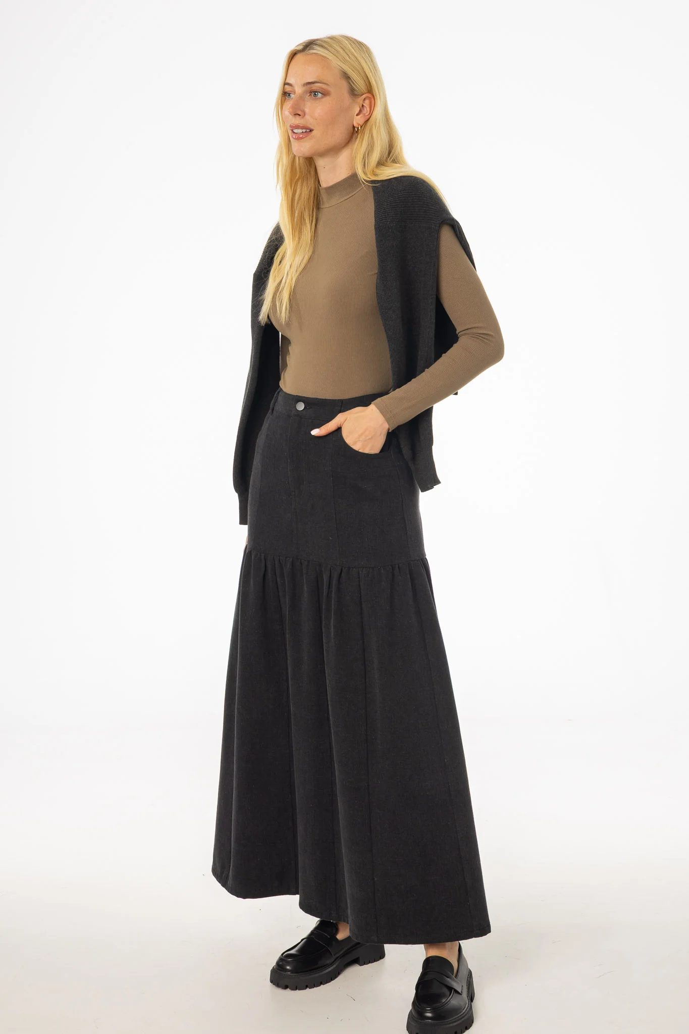 Grey Flared Denim Maxi Skirt - Image 3
