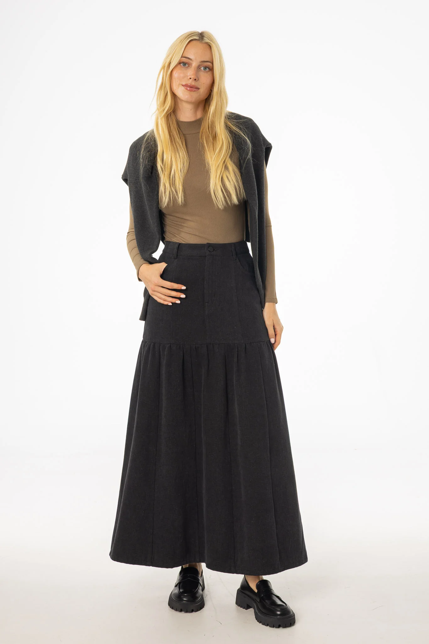 Grey Flared Denim Maxi Skirt - Image 5