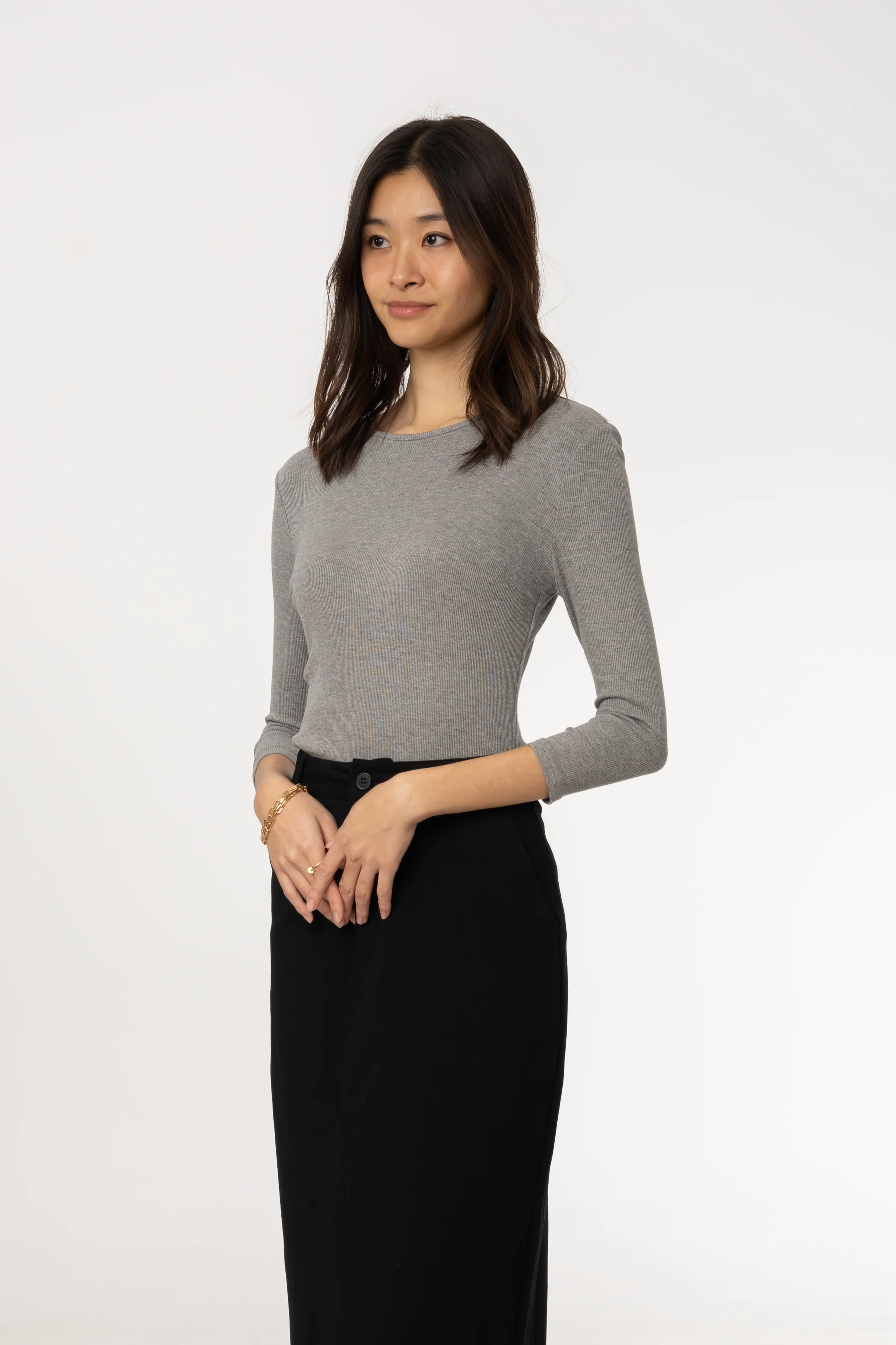 Grey Ribbed Round Neck 3/4 Sleeve T-Shirt - Image 2