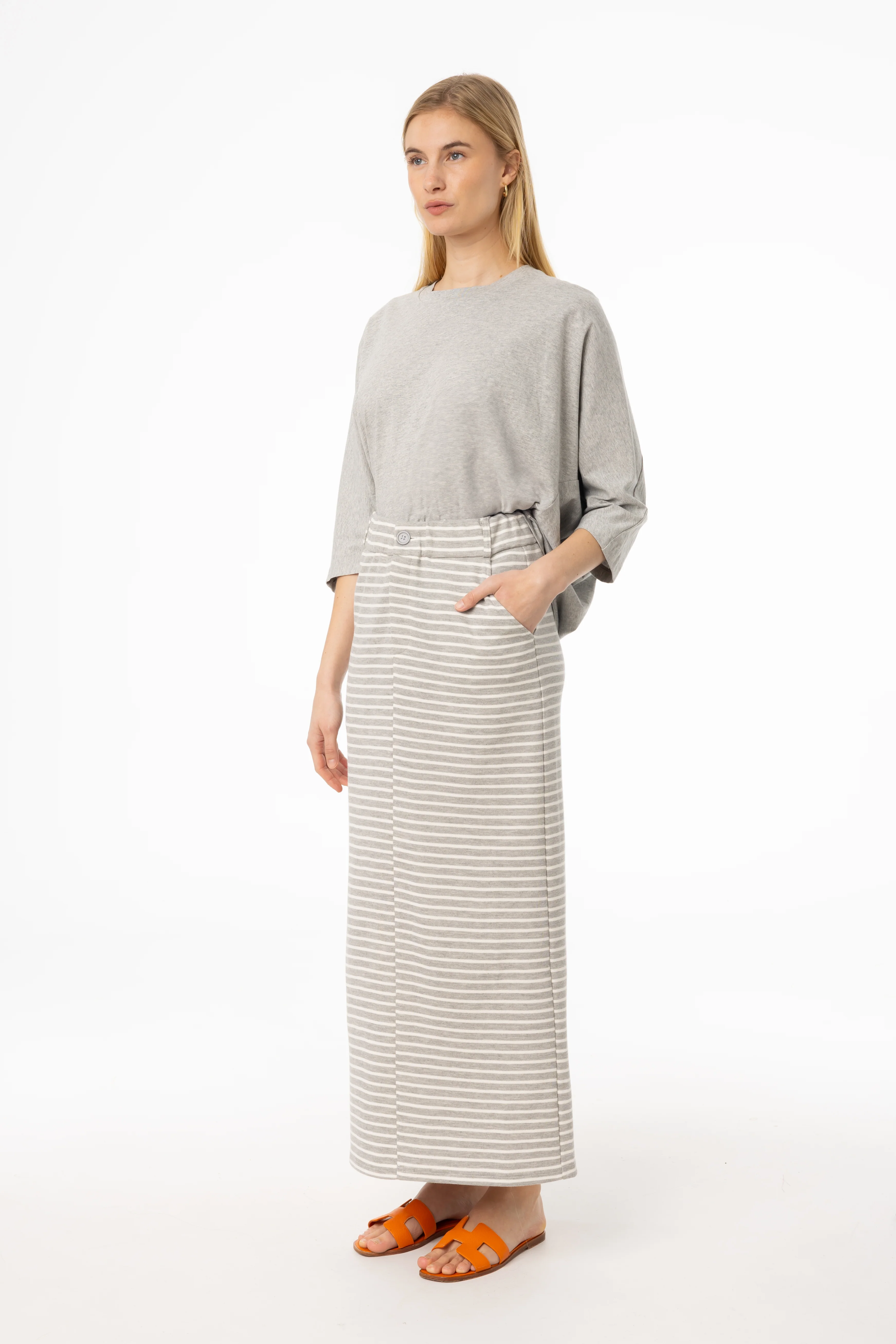 Grey Striped Stretch Maxi Skirt - Image 2