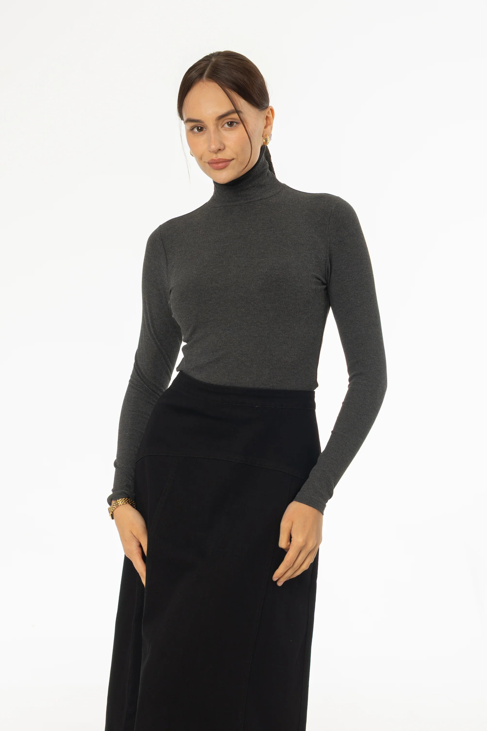 Heather Grey Ribbed Turtleneck Top - Image 4
