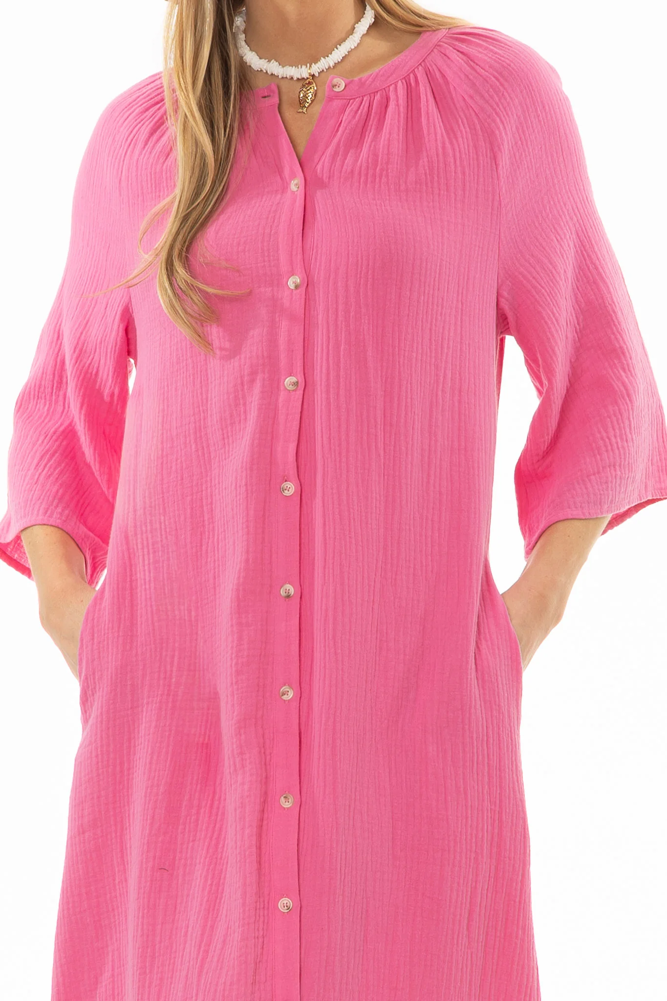 Hot Pink Gauze Flare Sleeve Maxi Dress - Image 2