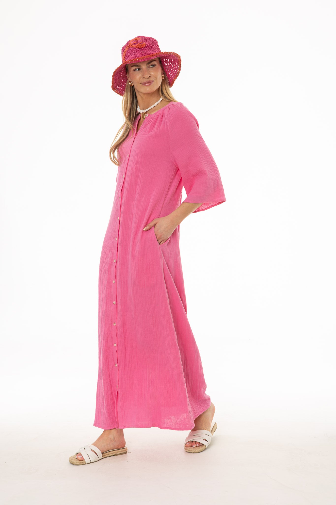 Hot Pink Gauze Flare Sleeve Maxi Dress - Image 3