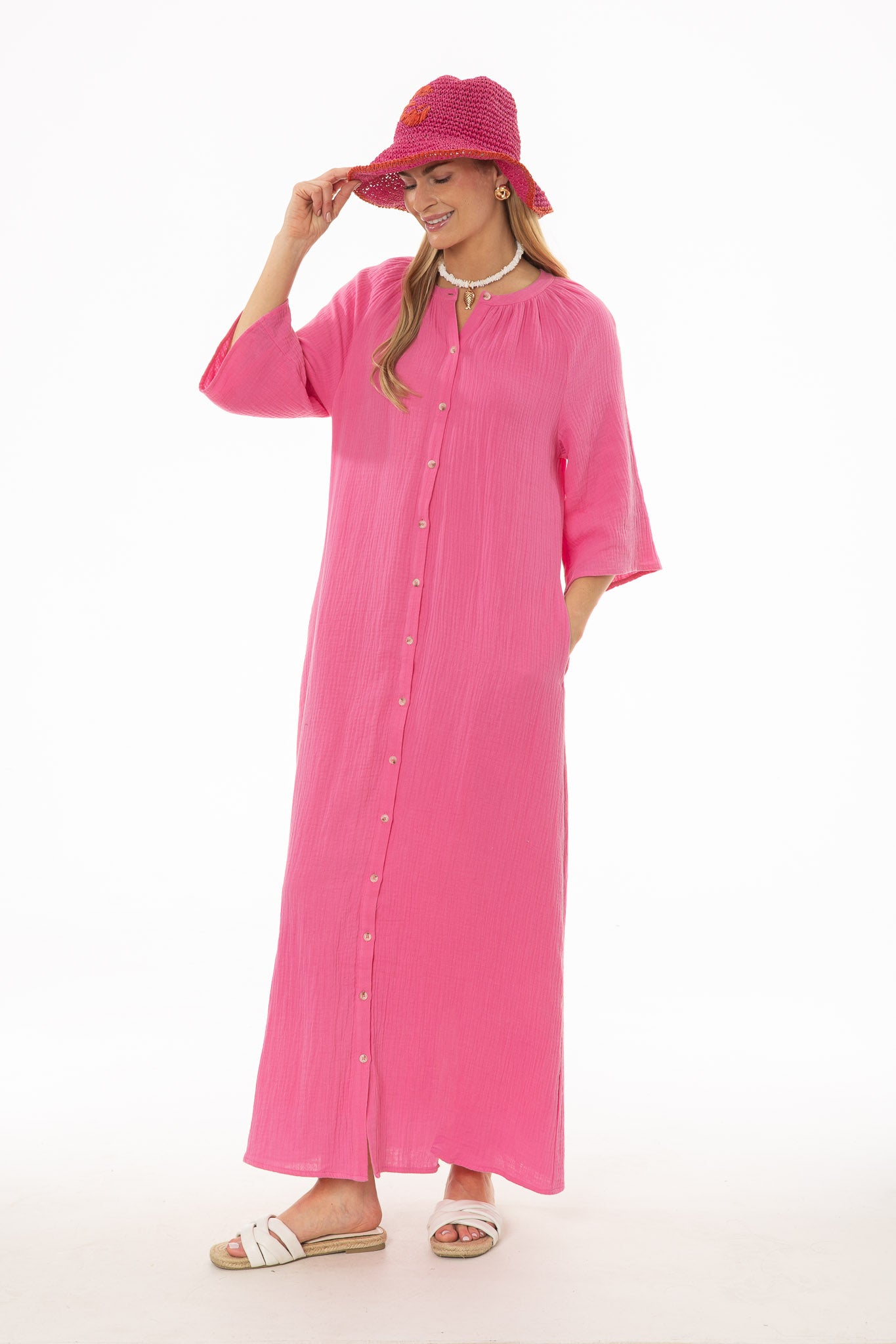 Hot Pink Gauze Flare Sleeve Maxi Dress - Image 5
