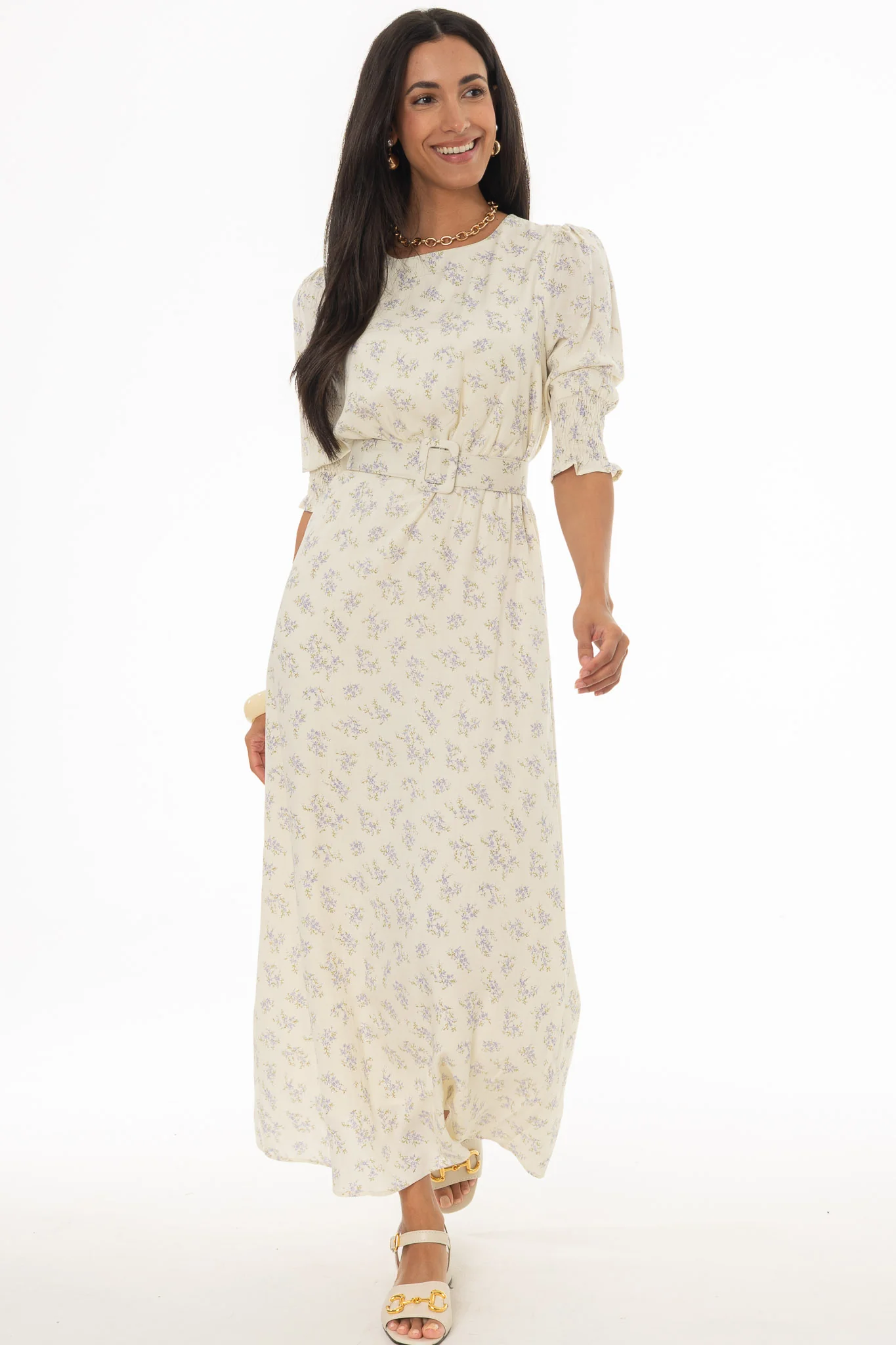 Lavender Belted Printed Floral Maxi Dress - Image 3