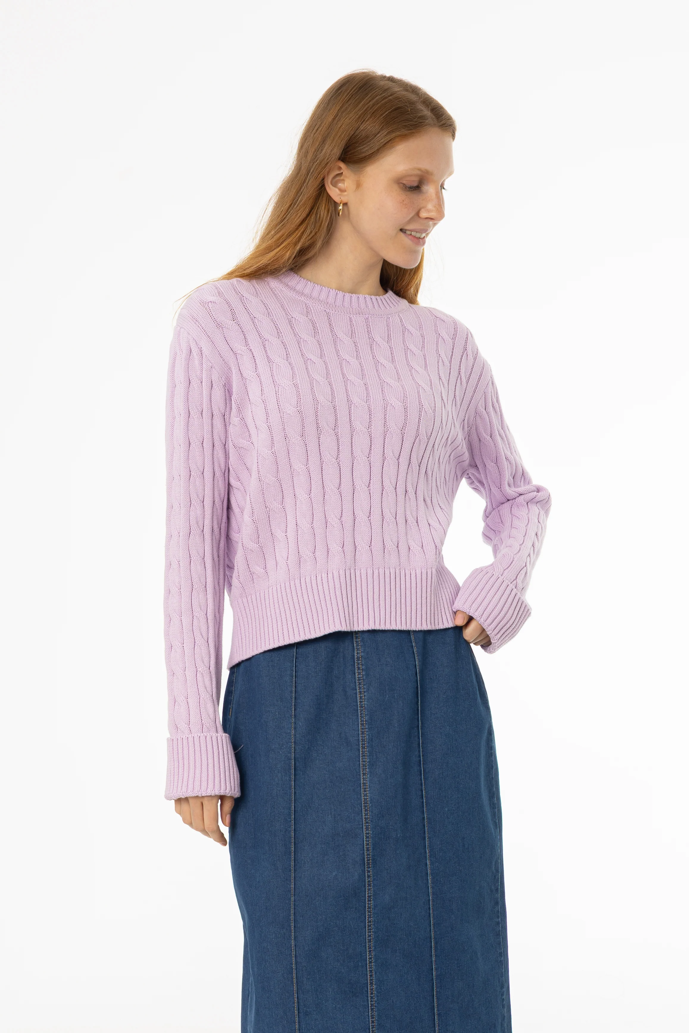Lavender Round Neck Cable Knit Sweater - Image 5