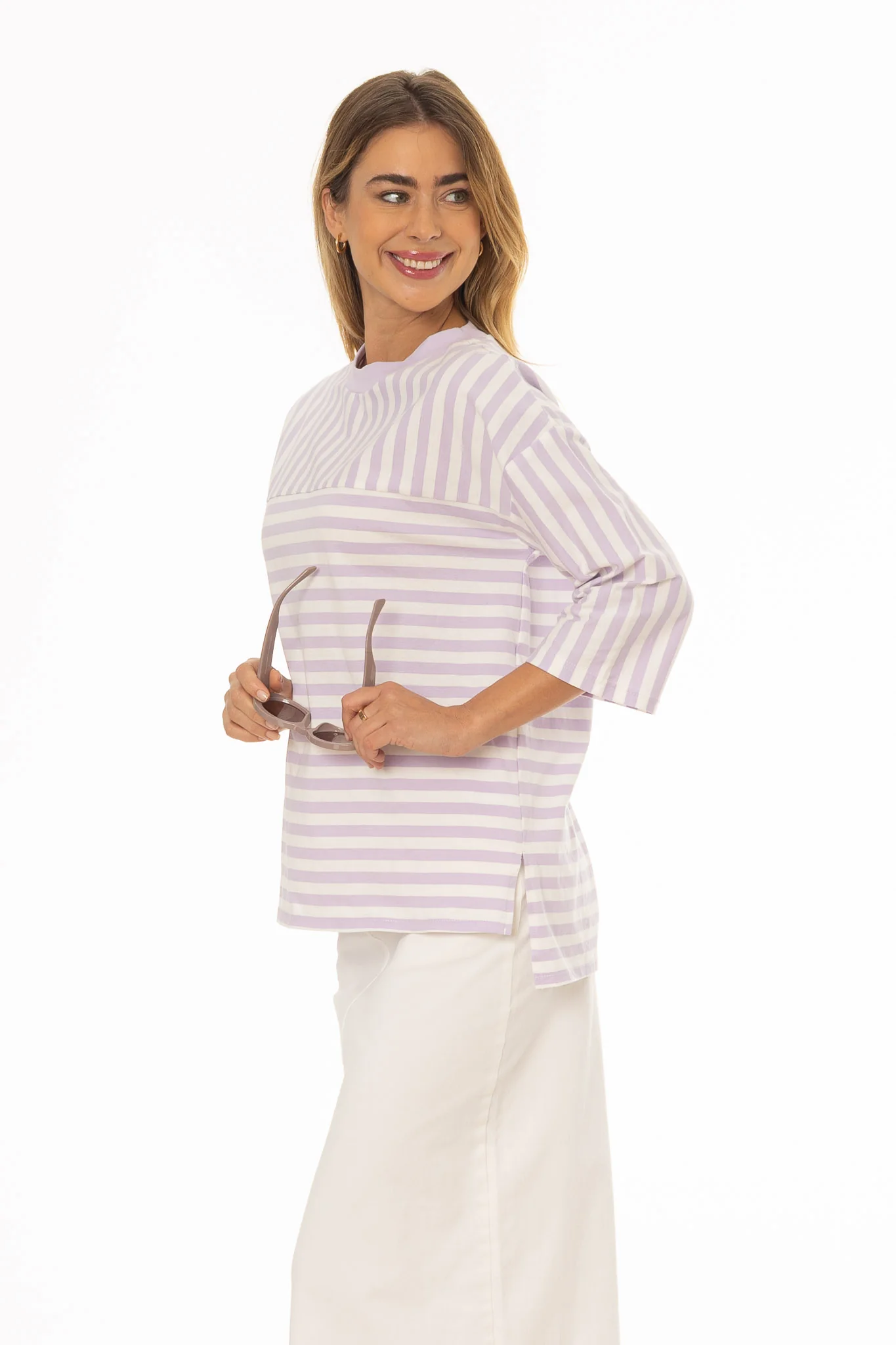 Lavender Striped Contrast T-Shirt - Image 2
