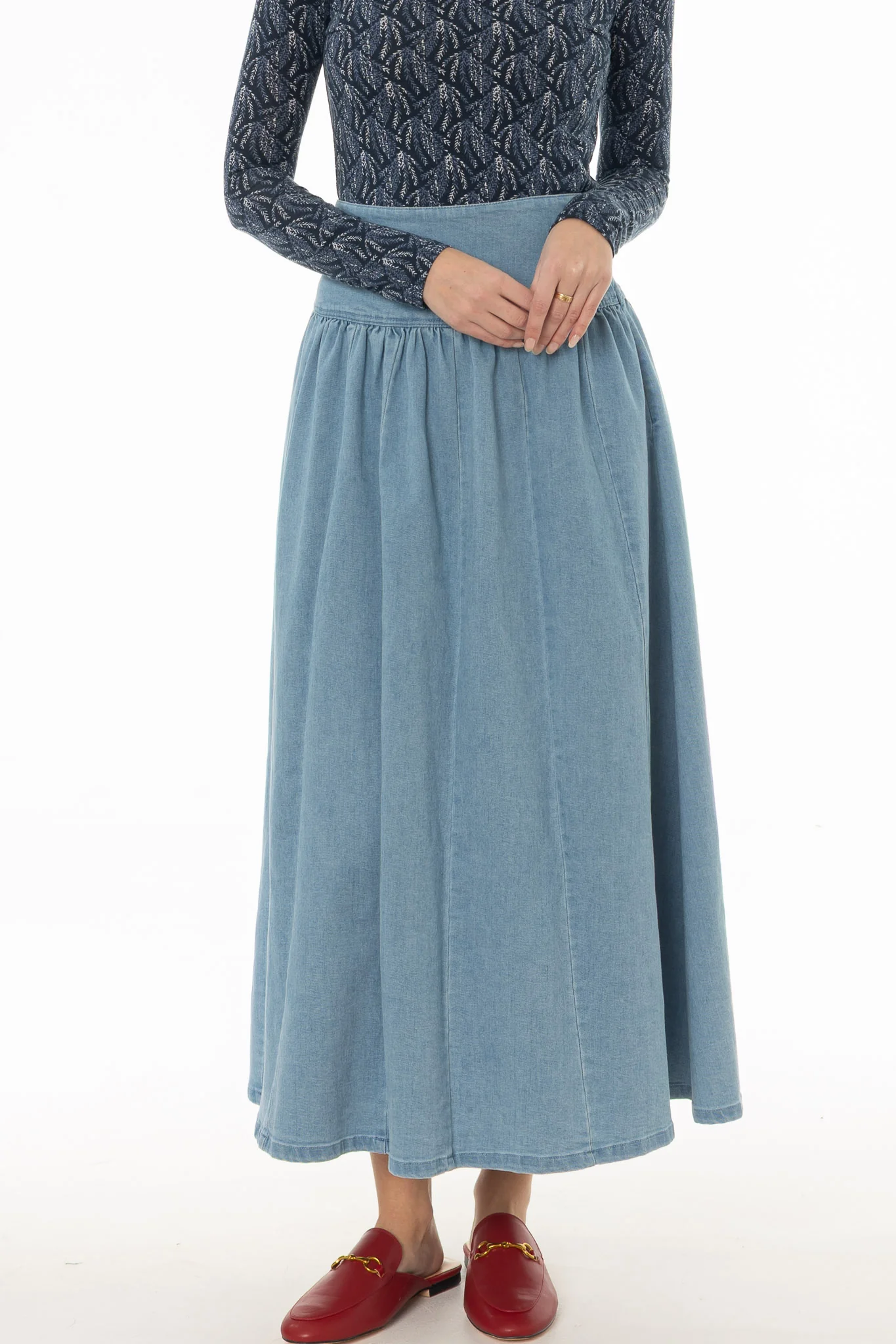 Light Blue Denim Gathered Maxi Skirt - Image 2