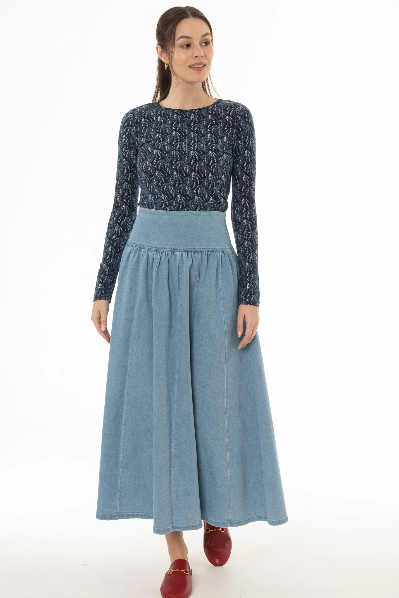 Light Blue Denim Gathered Maxi Skirt - Image 3