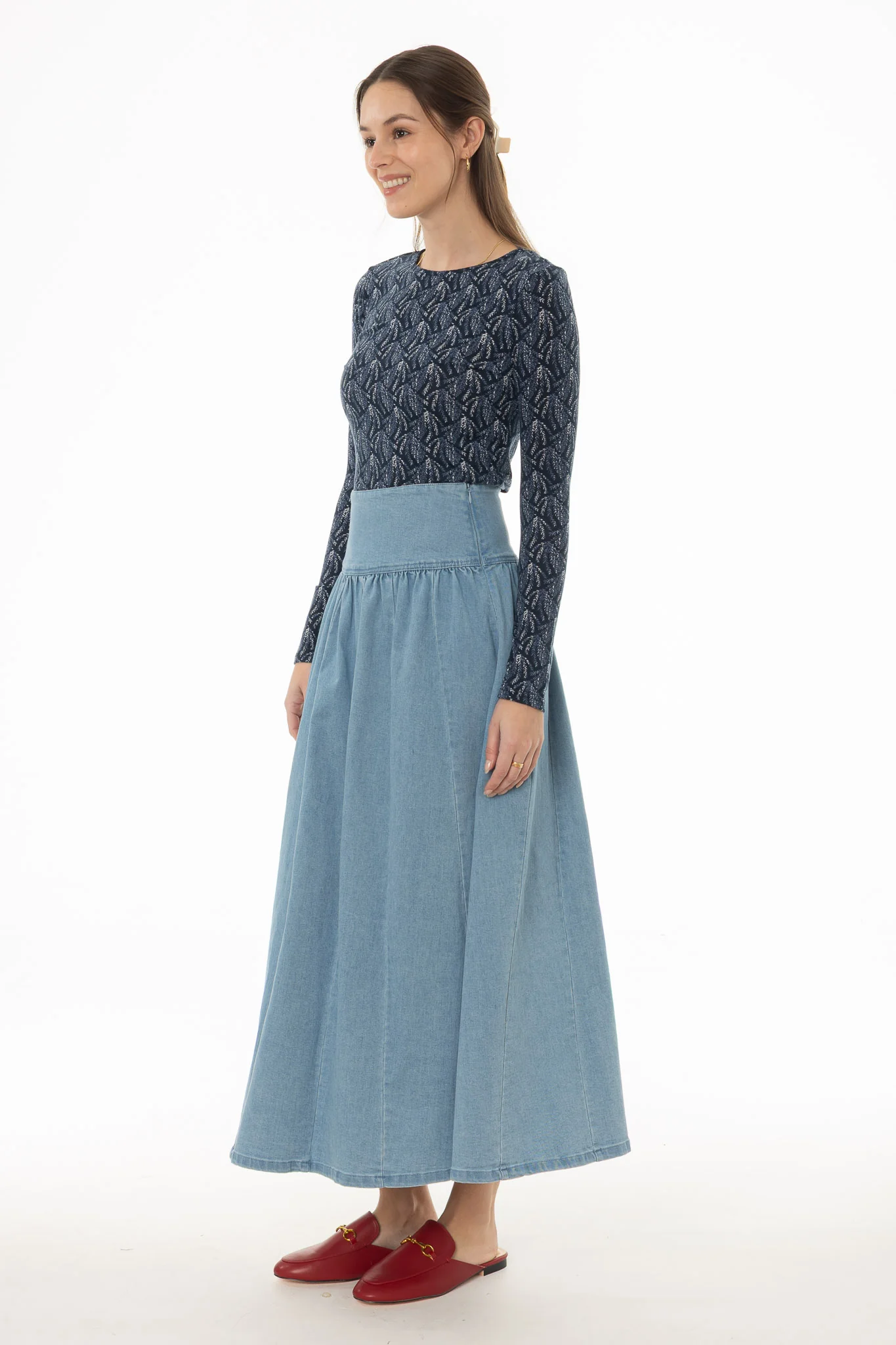 Light Blue Denim Gathered Maxi Skirt - Image 4