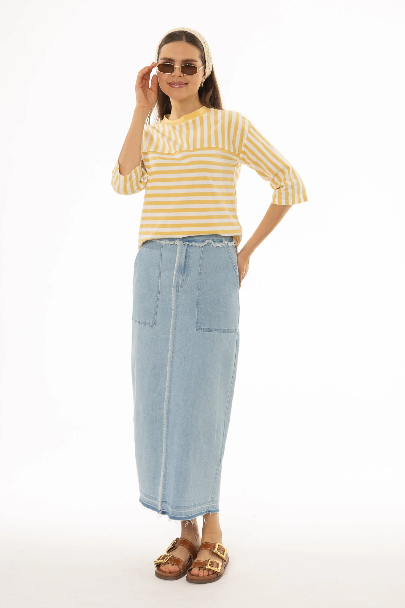 Light Blue Denim Pocket Fringe Maxi Skirt
