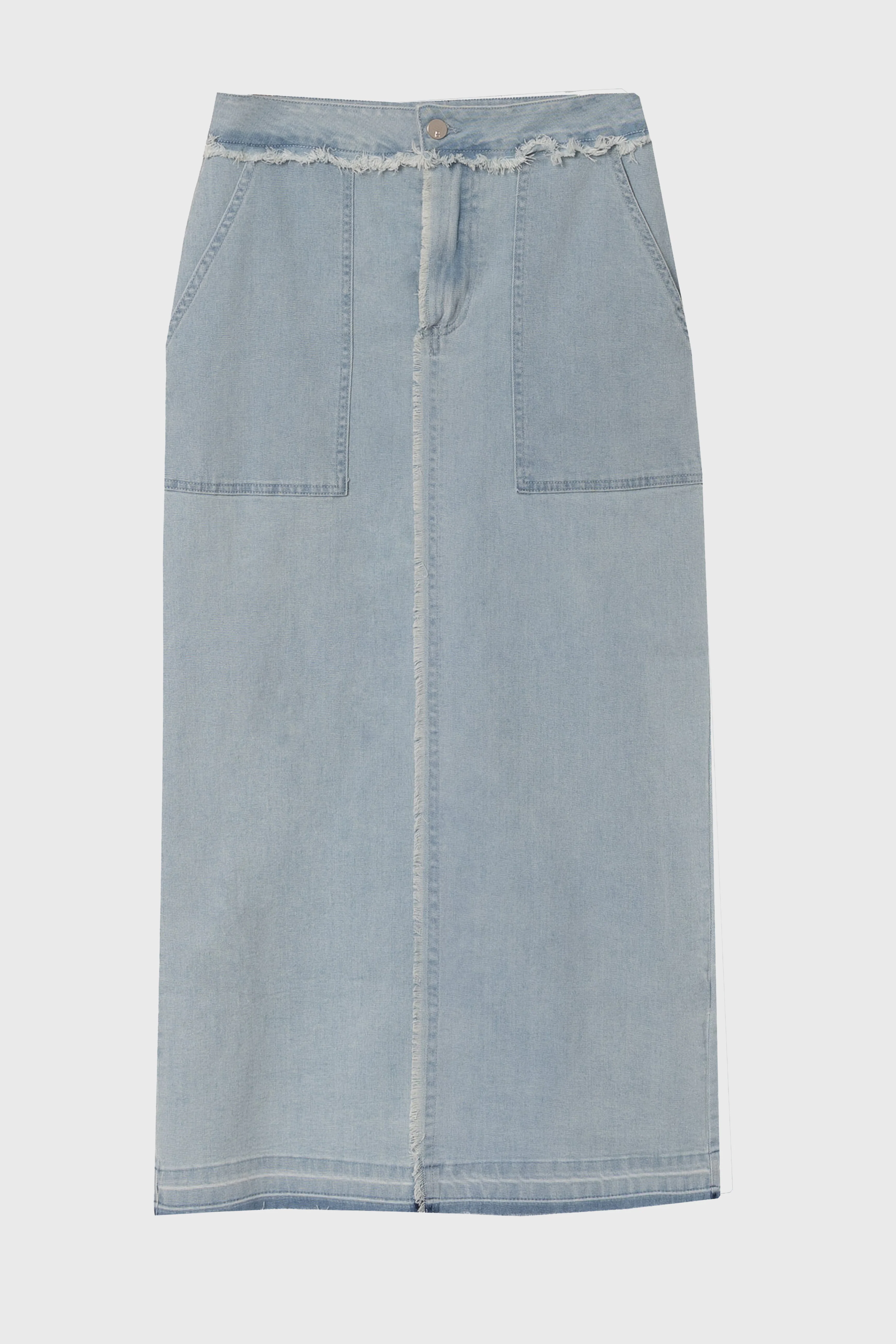 Light Blue Denim Pocket Fringe Maxi Skirt - Image 6