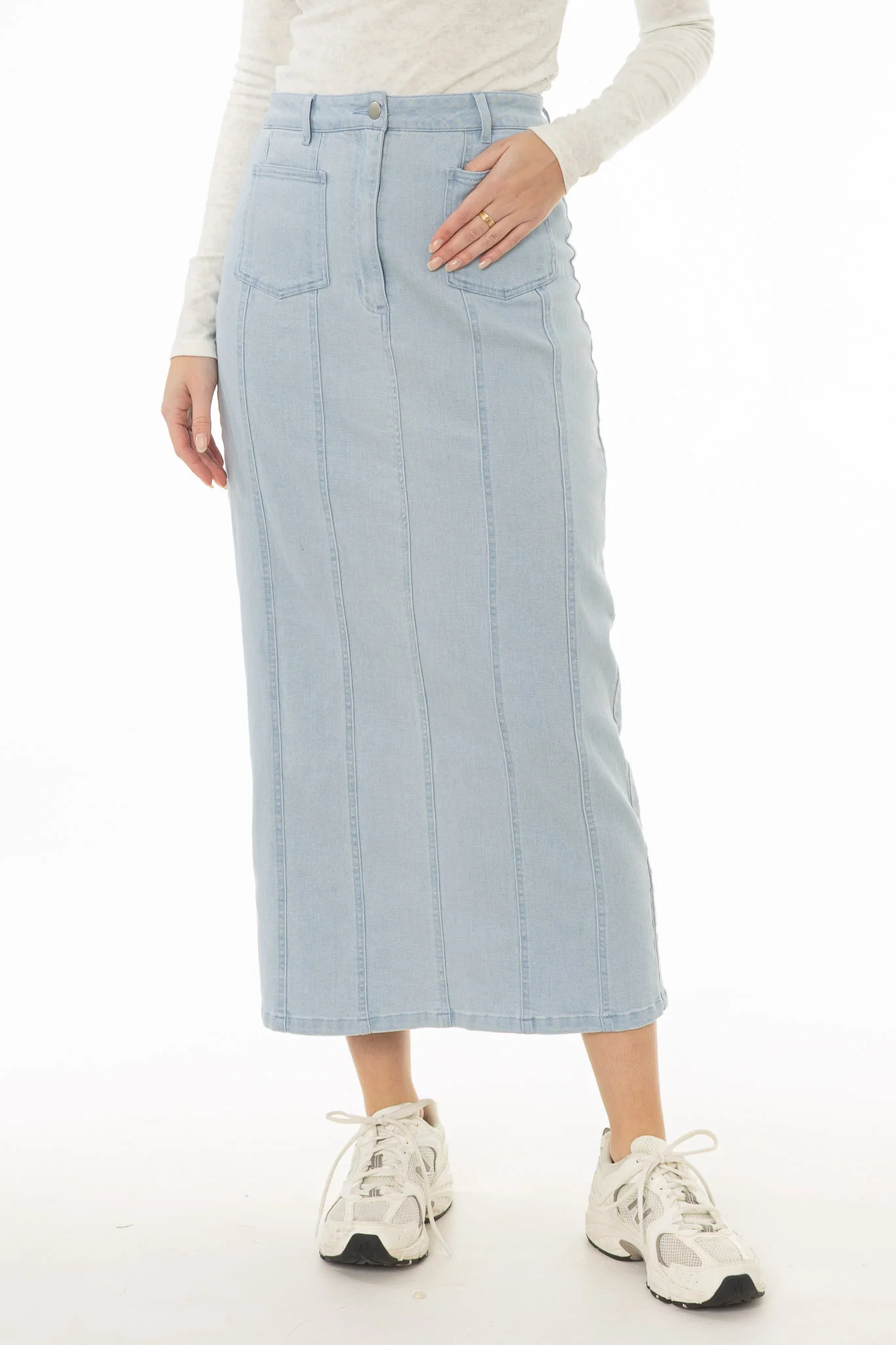 Light Blue Denim Pocket Seam Maxi Skirt - Image 2