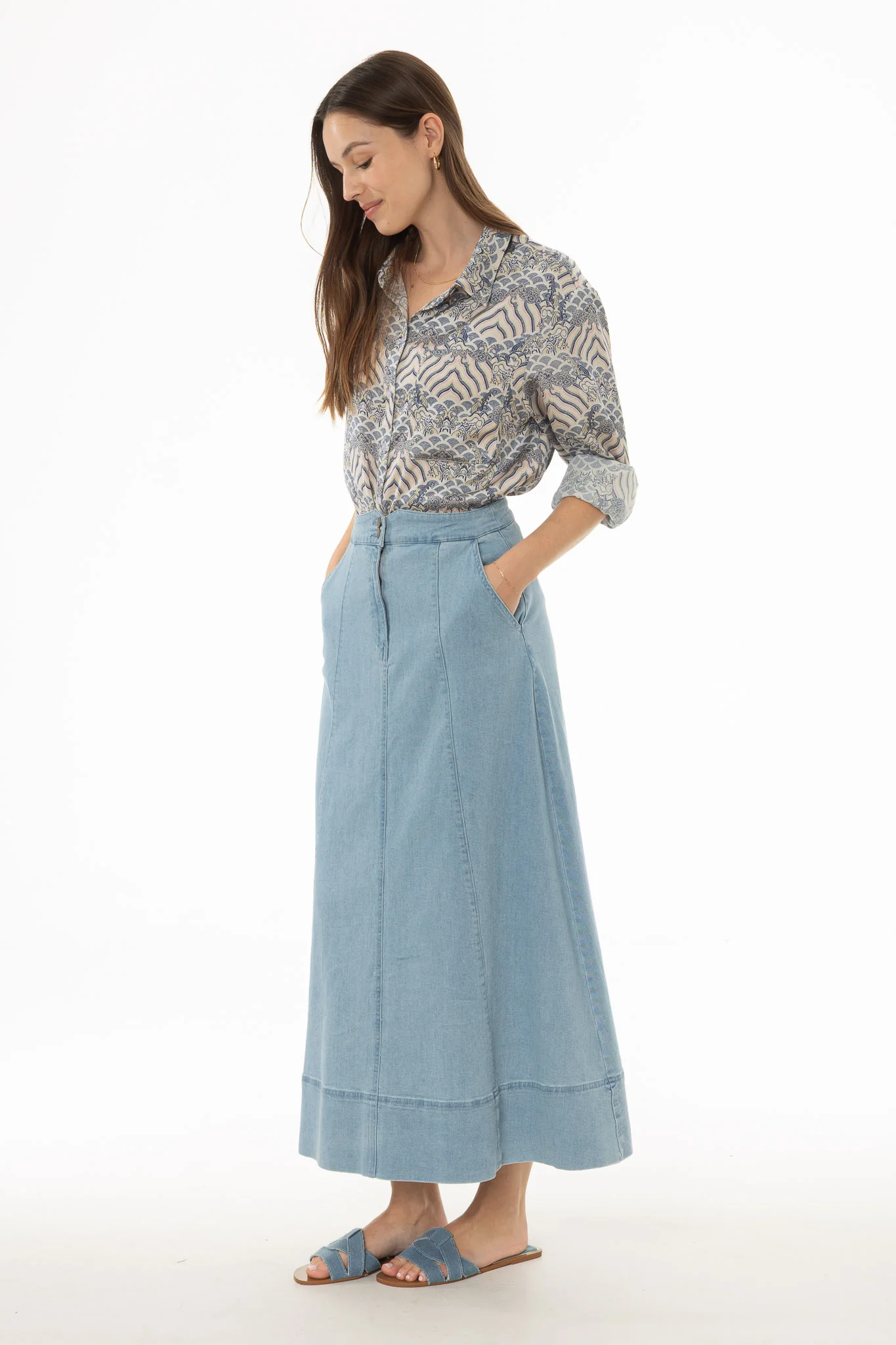 Light Blue Double Button A-Line Maxi Skirt - Image 3