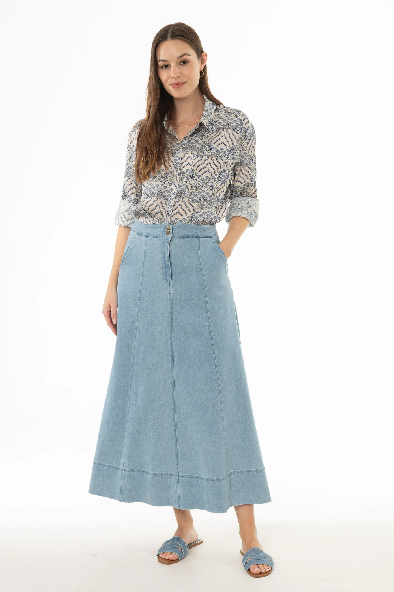 Light Blue Double Button A-Line Maxi Skirt - Image 5