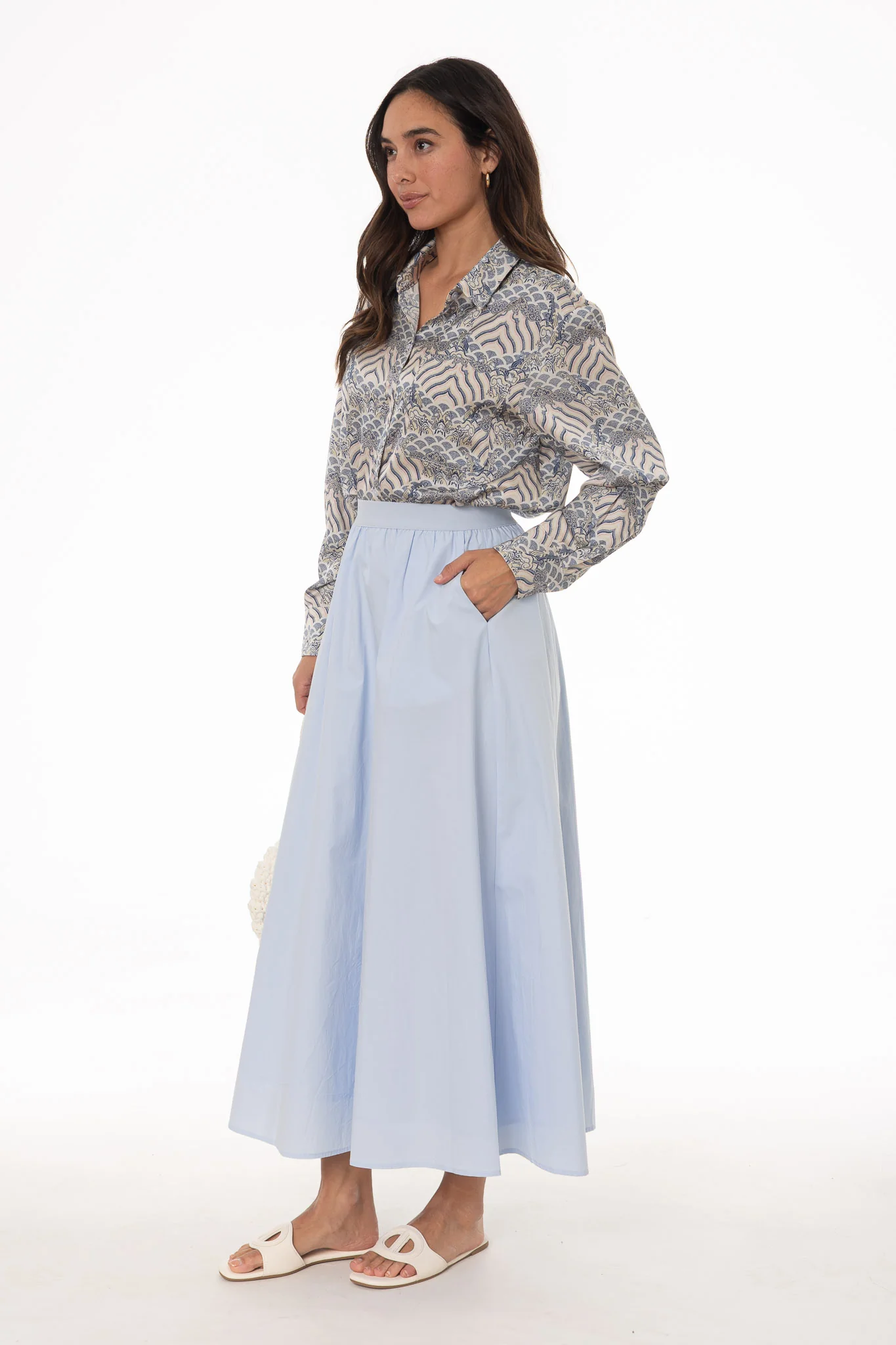Light Blue Elastic Cotton Maxi Skirt - Image 3