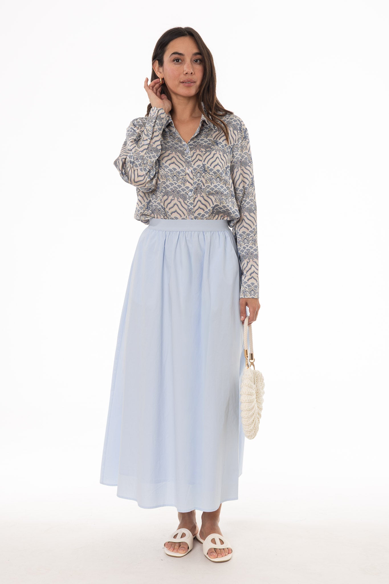 Light Blue Elastic Cotton Maxi Skirt - Image 5