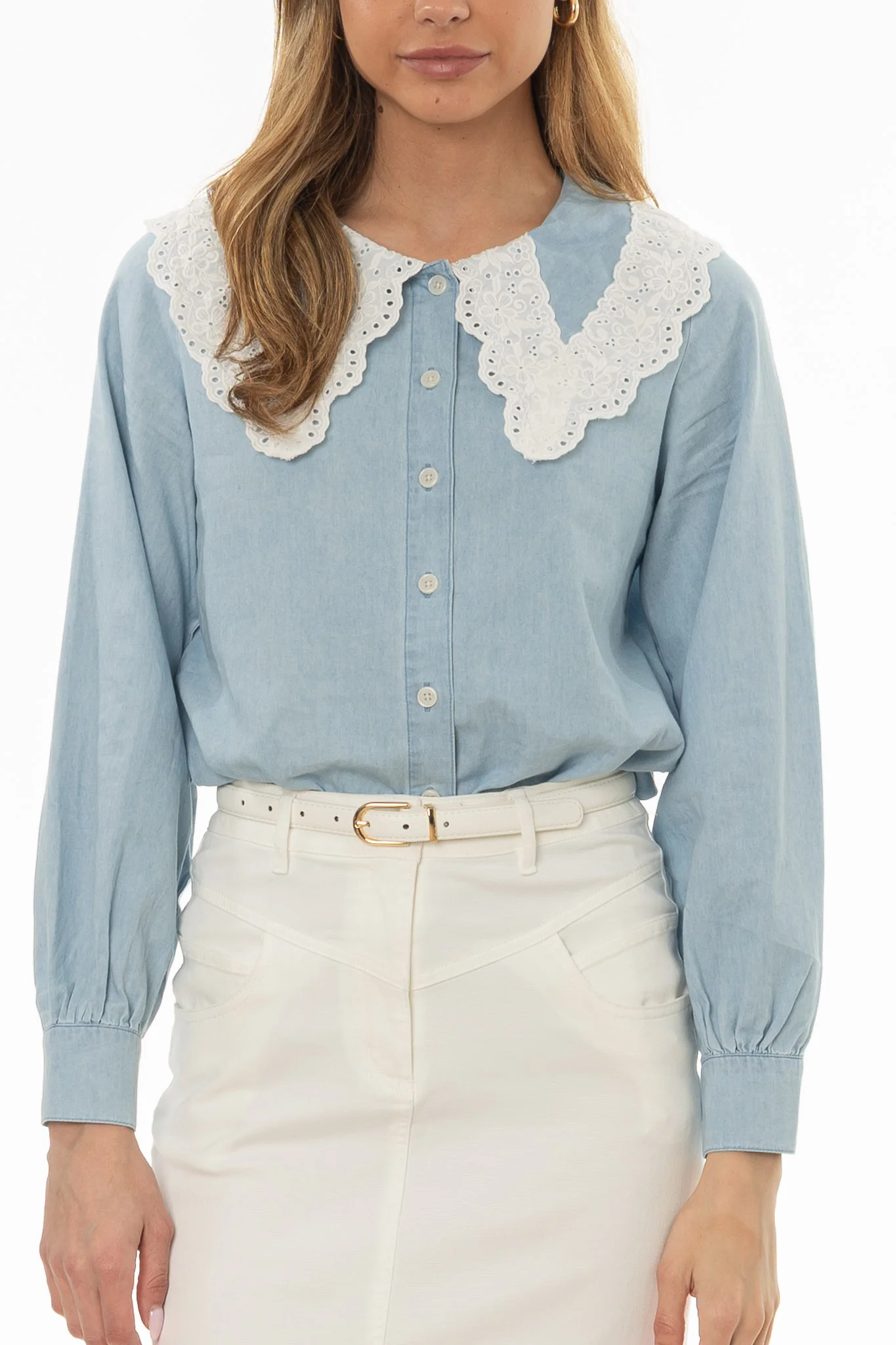 Light Blue Eyelet Collar Denim Blouse - Image 2