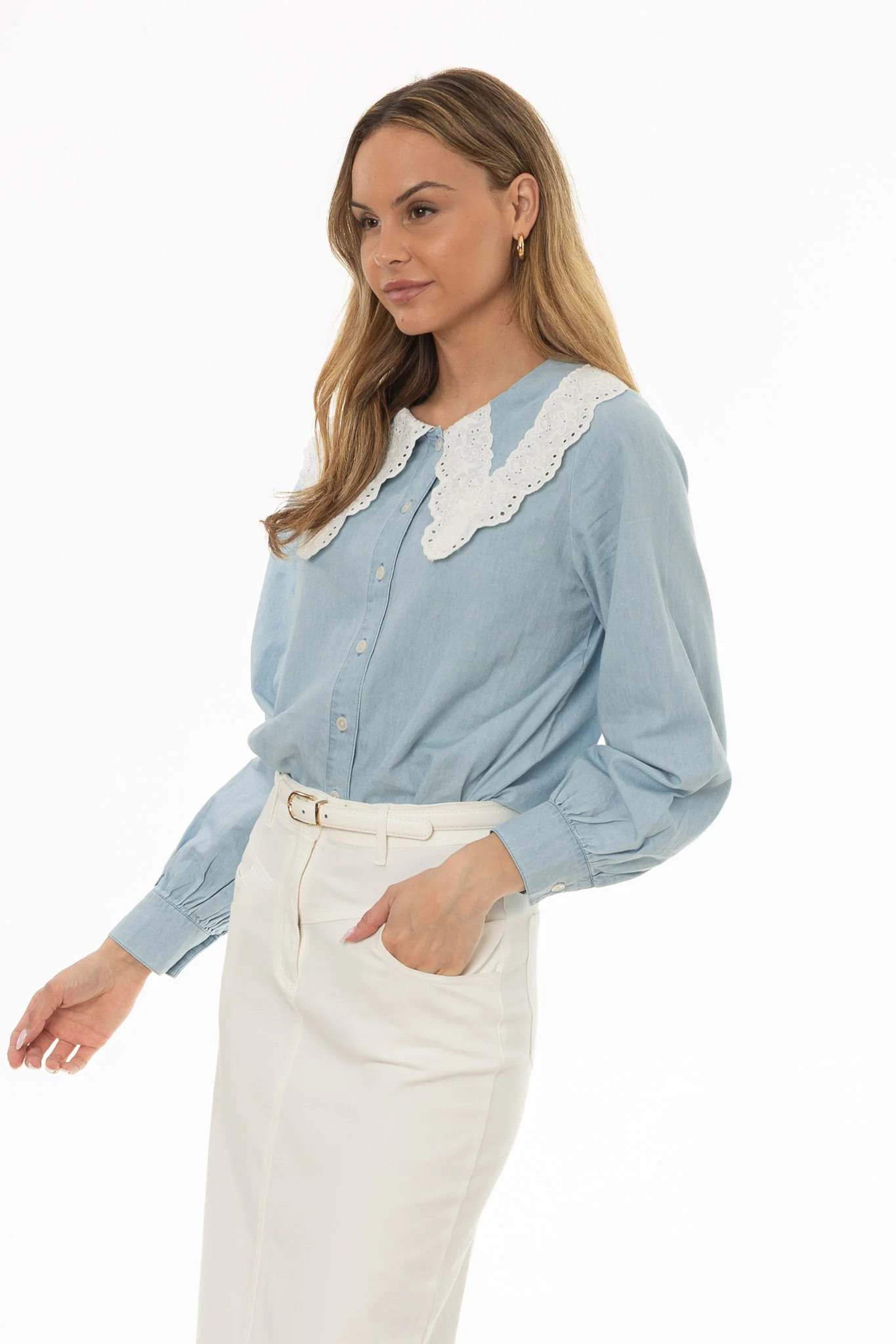 Light Blue Eyelet Collar Denim Blouse - Image 3